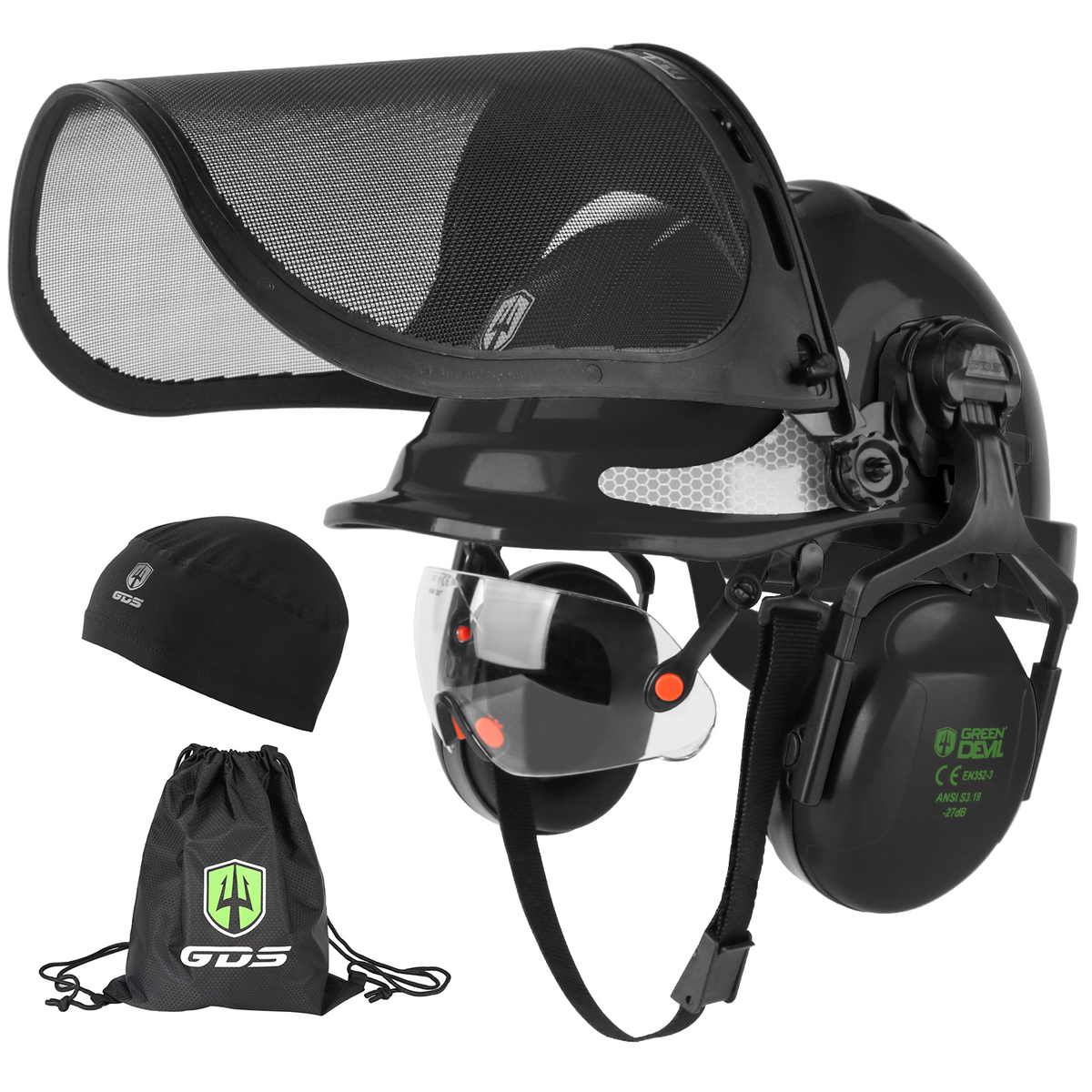 GREEN DEVIL Chainsaw Safety Protective Helmet Forestry Helmet with Build-in Visor Mesh Face Shield Ear Muffs 4 in 1 Ideal for Arborist Tree Work DIY Outdoor Logging Hard hat