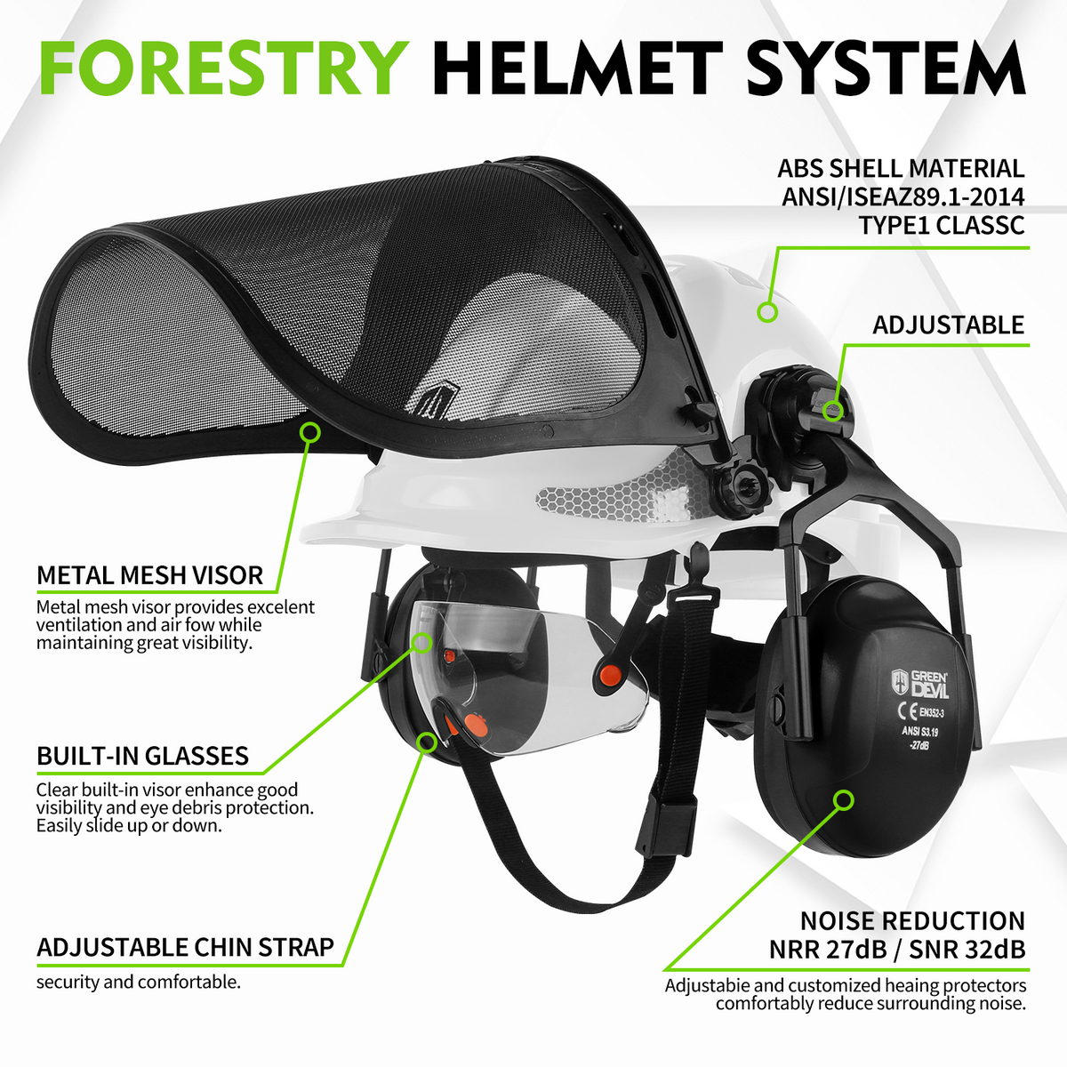 GREEN DEVIL Chainsaw Safety Protective Helmet Forestry Helmet with Build-in Visor Mesh Face Shield Ear Muffs 4 in 1 Ideal for Arborist Tree Work DIY Outdoor Logging Hard hat