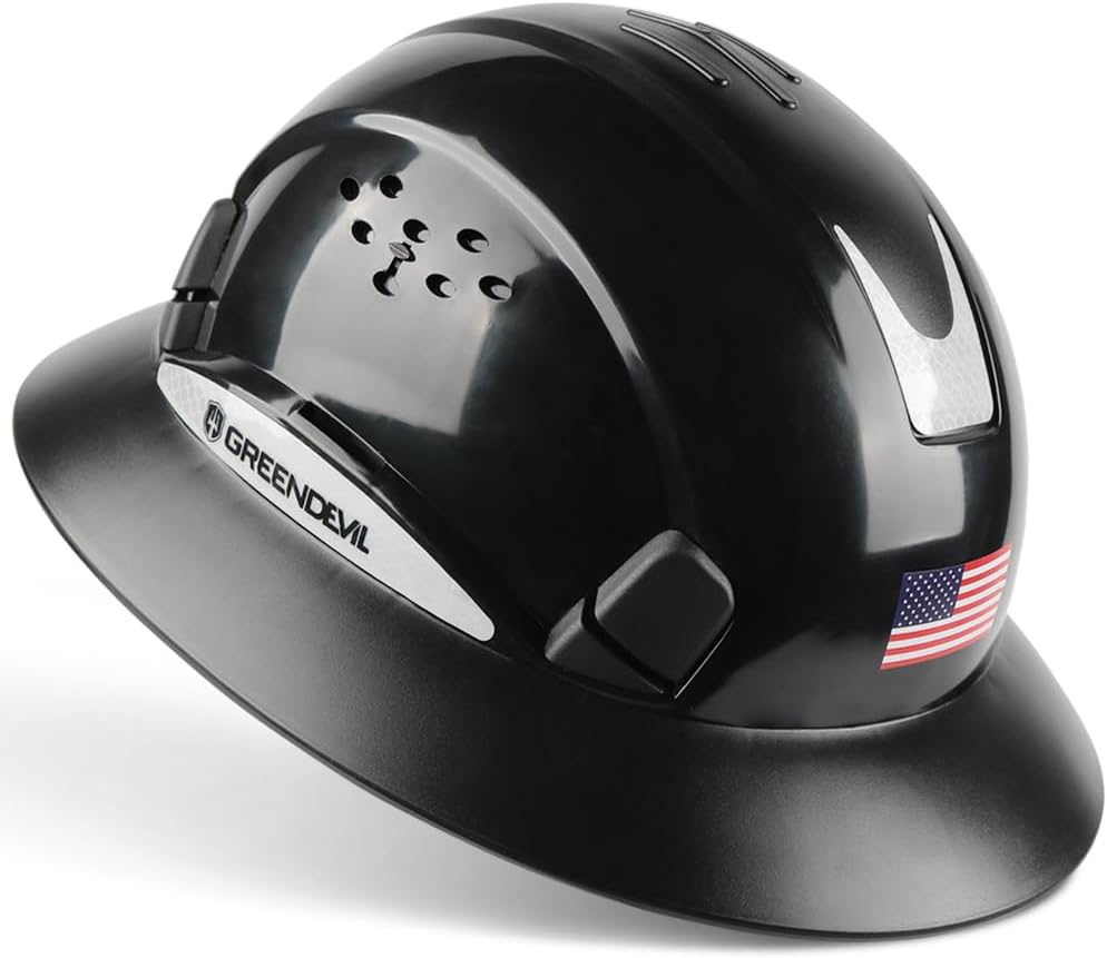 GREEN DEVIL Full Brim Hard Hat Vented Construction Safety Helmet OSHA Approved Cascos De Construccion ABS Work Hardhat for Men&Women 6 Point Adjustable Ratchet Suspension Custom Pattern Design