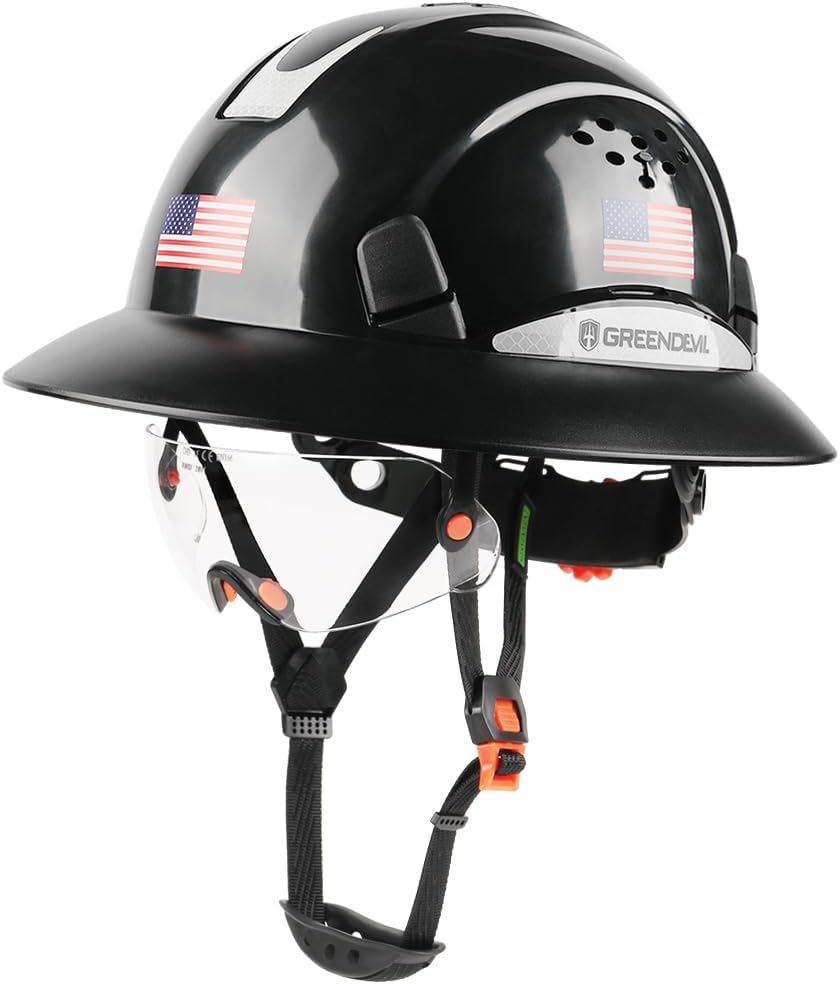 GREEN DEVIL Full Brim Hard Hat Vented Construction Safety Helmet OSHA Approved Cascos De Construccion ABS Work Hardhat for Men&Women 6 Point Adjustable Ratchet Suspension Custom Pattern Design