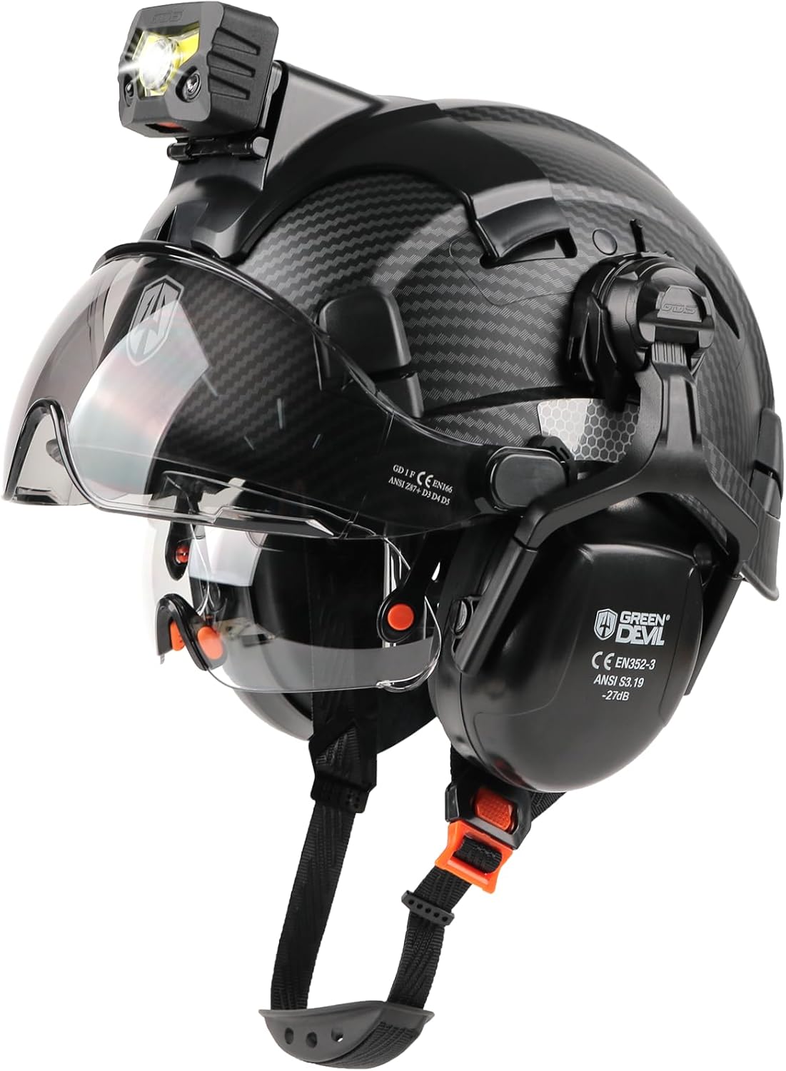 GREEN DEVIL Hard Hat Safety Helmet with Rechargeable Headlamp Light and Visor Ear Muffs Vented Work Hardhat ANSI Z89.1 Cascos De Construccion for Industrial Construction Forestry