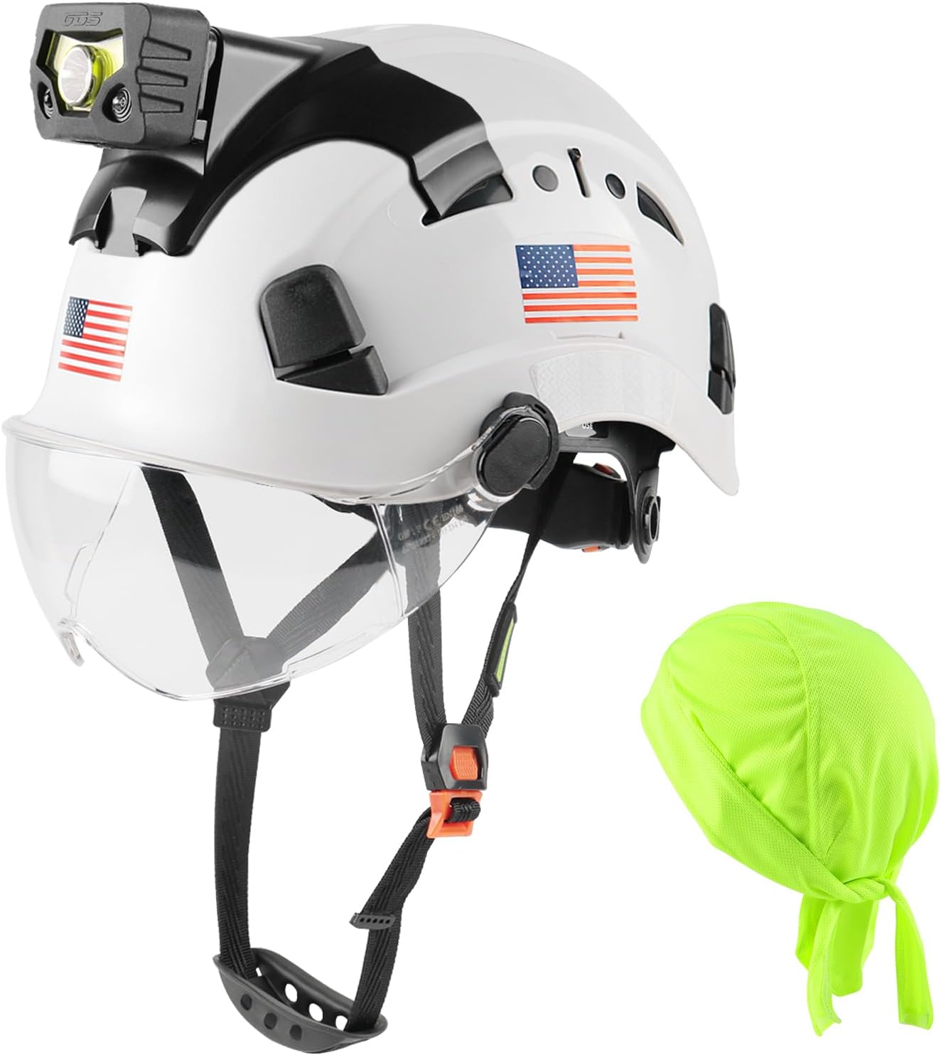 GREEN DEVIL Safety Hard Hat with Rechargeable Headlamp Light and Helmet Liner Chin Strap Men Vented Work Hardhats ANSI Z89.1 Approved Cascos de Construccion Ideal for Industrial Construction Forestry