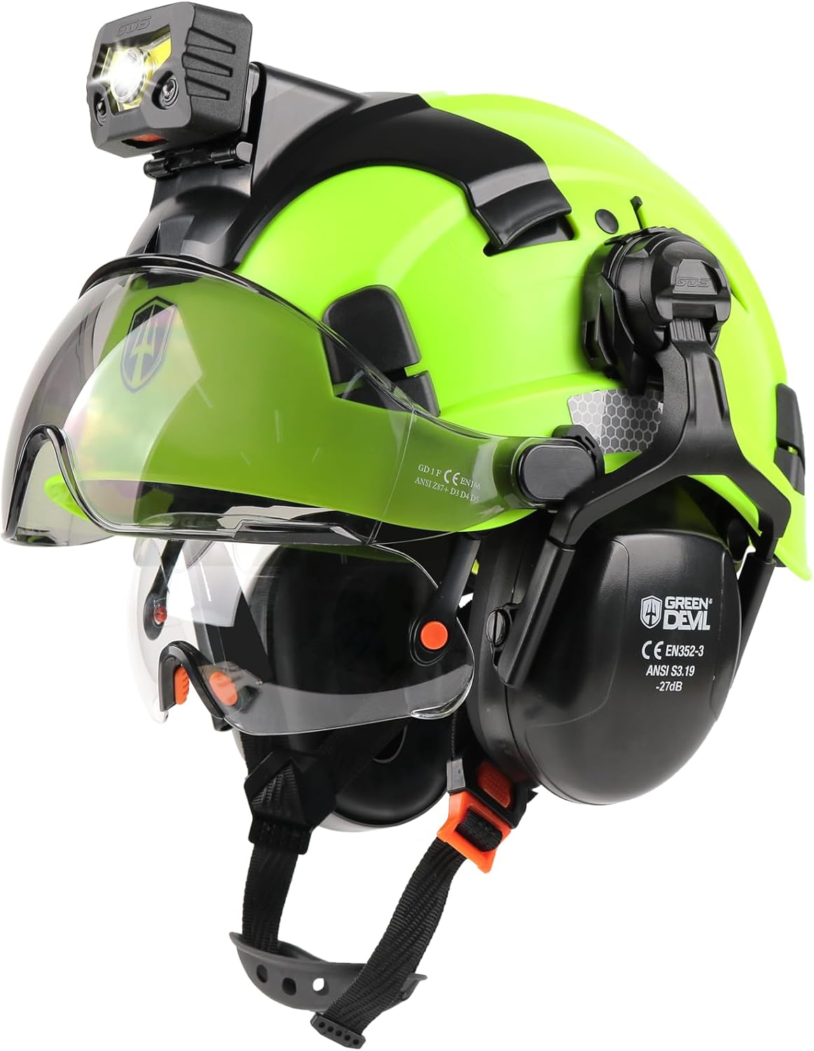 GREEN DEVIL Hard Hat Safety Helmet with Rechargeable Headlamp Light and Visor Ear Muffs Vented Work Hardhat ANSI Z89.1 Cascos De Construccion for Industrial Construction Forestry