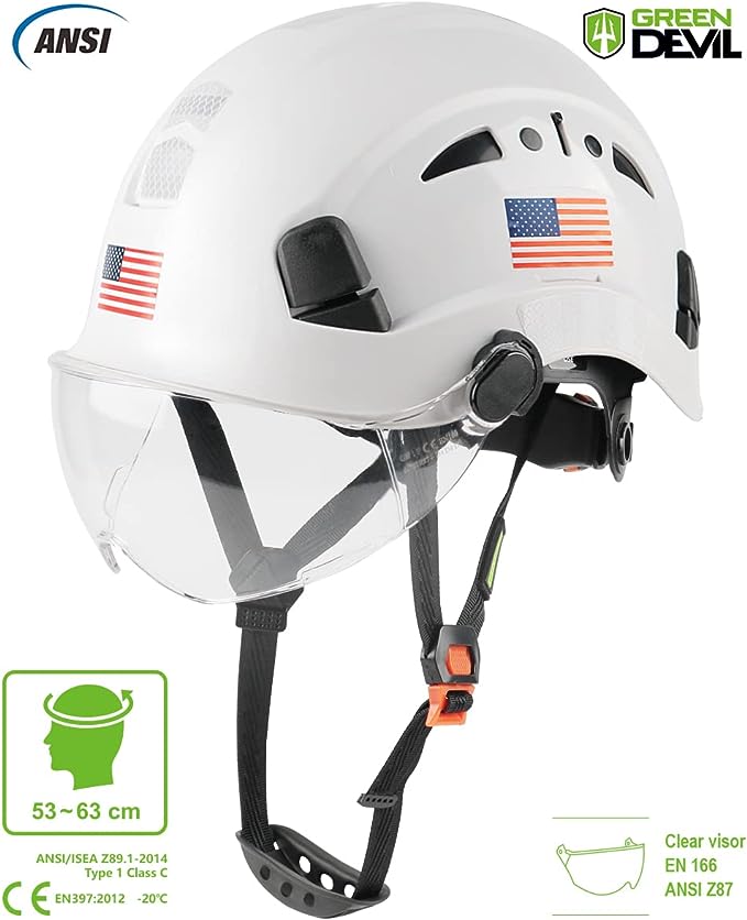 GREEN DEVIL Safety Helmet Hard Hat with Visor Chinstrap Adjustable Lightweight Vented ABS Work Helmet for Men and Women 6-Point Suspension ANSI Z89.1 Approved Ideal for Industrial & Construction White