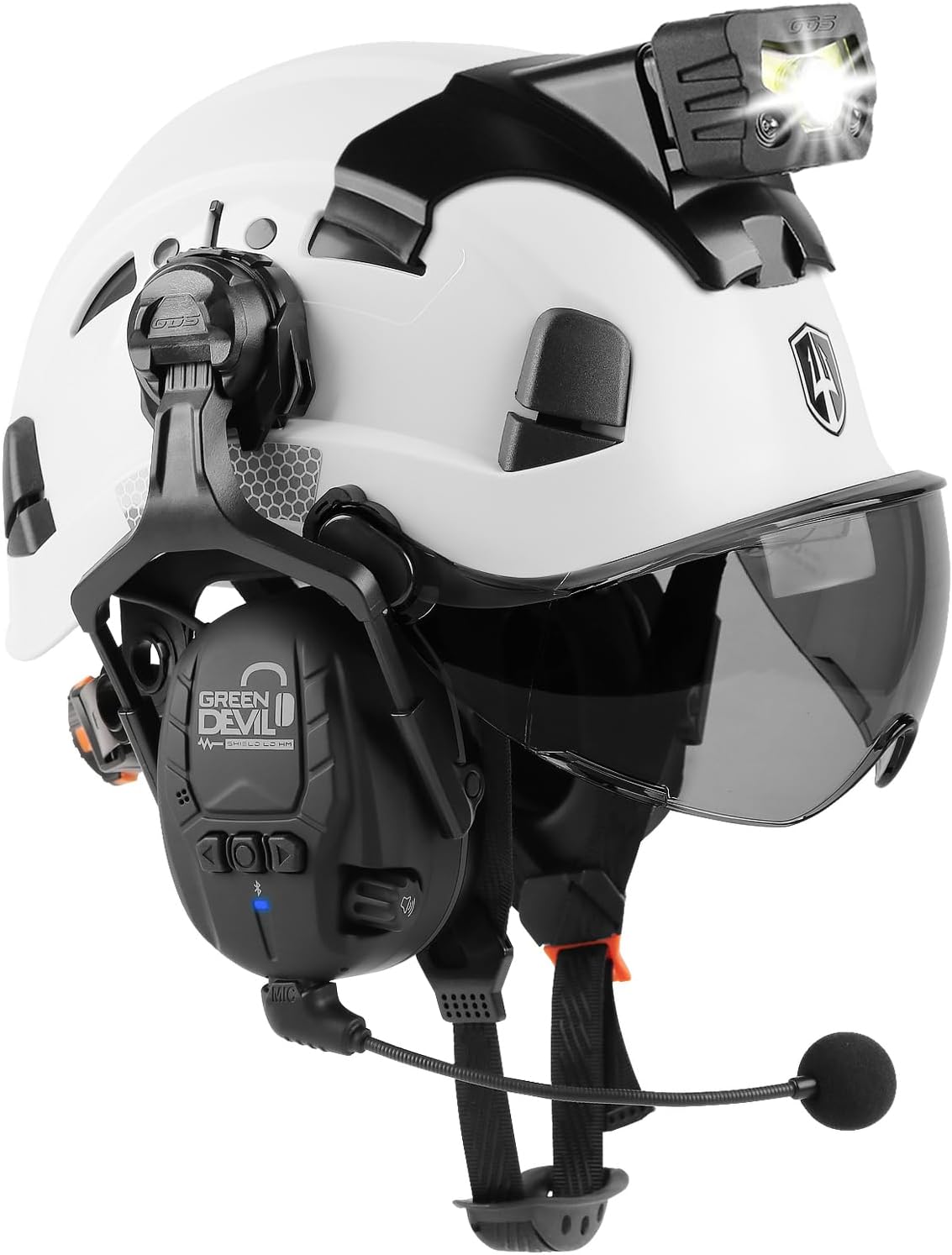 GREEN DEVIL Hard Hat Safety Helmet with Visor Bluetooth Ear Muffs and Headlamp 5 in 1 Full Protection Vented Work Hardhat ANSI Z89.1 Cascos De Construccion for Industrial Construction Forestry