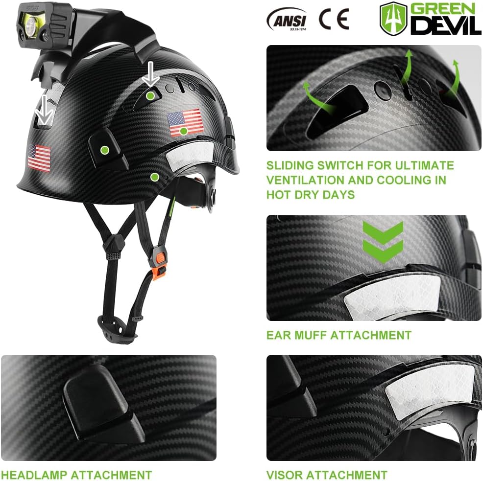 GREEN DEVIL Safety Hard Hat with Rechargeable Headlamp Light and Helmet Liner Chin Strap Men Vented Work Hardhats ANSI Z89.1 Approved Cascos de Construccion Ideal for Industrial Construction Forestry