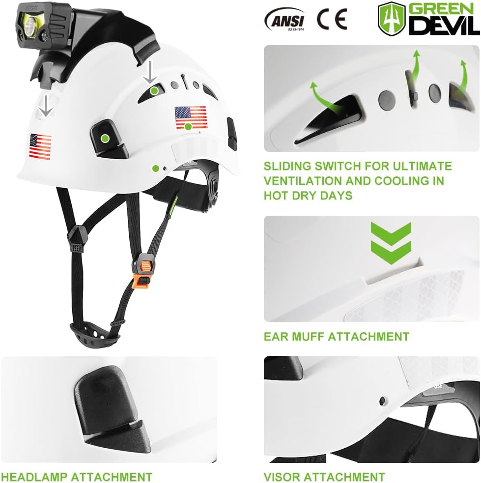 GREEN DEVIL Safety Hard Hat with Rechargeable Headlamp Light and Helmet Liner Chin Strap Men Vented Work Hardhats ANSI Z89.1 Approved Cascos de Construccion Ideal for Industrial Construction Forestry