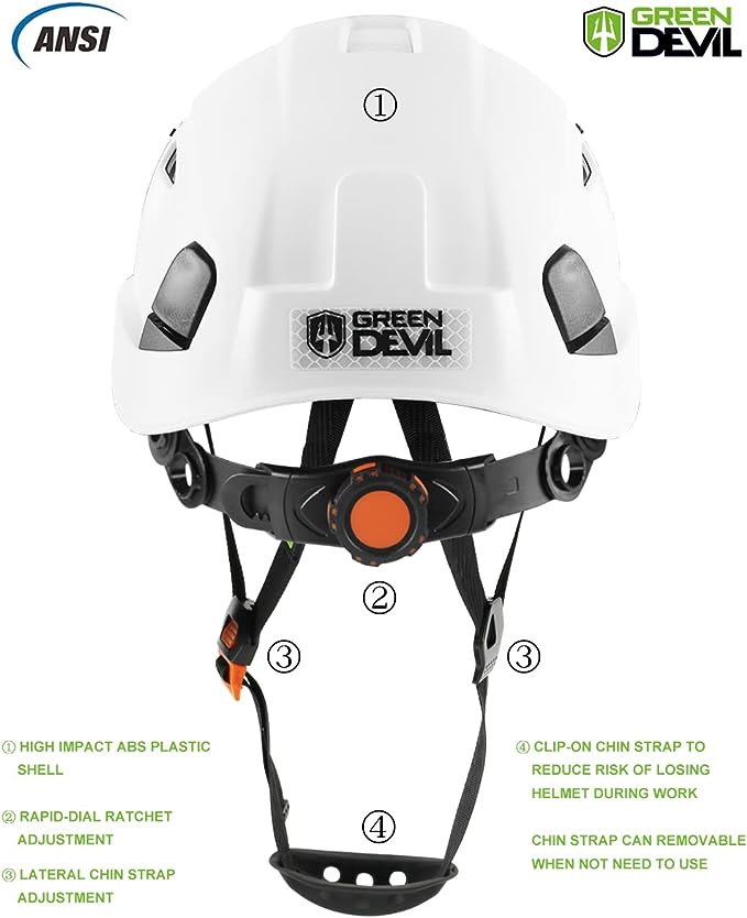 GREEN DEVIL Safety Helmet Hard Hat with Visor Chinstrap Adjustable Lightweight Vented ABS Work Helmet for Men and Women 6-Point Suspension ANSI Z89.1 Approved Ideal for Industrial & Construction White