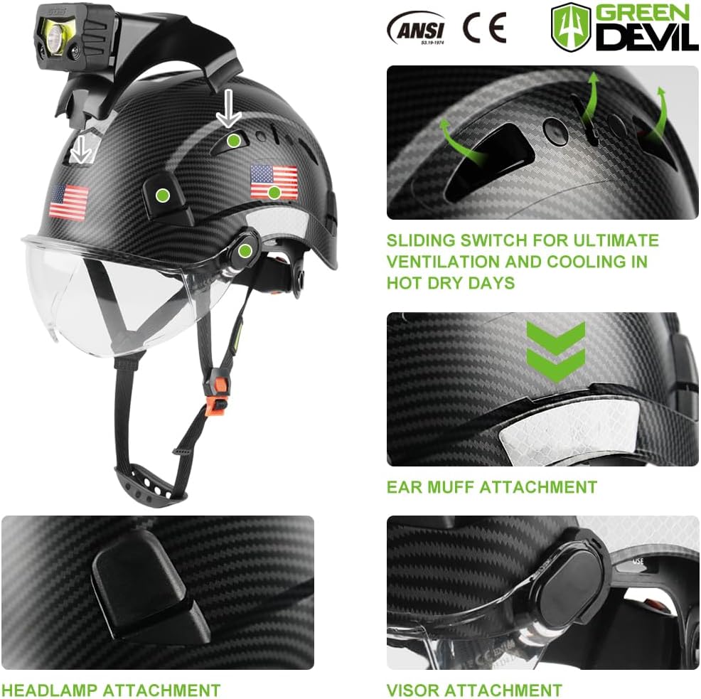 GREEN DEVIL Safety Hard Hat with Rechargeable Headlamp Light and Helmet Liner Chin Strap Men Vented Work Hardhats ANSI Z89.1 Approved Cascos de Construccion Ideal for Industrial Construction Forestry