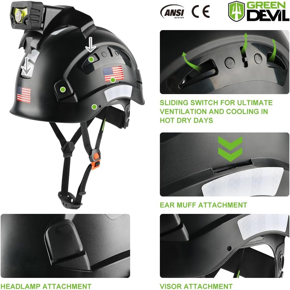 GREEN DEVIL Safety Hard Hat with Rechargeable Headlamp Light and Helmet Liner Chin Strap Men Vented Work Hardhats ANSI Z89.1 Approved Cascos de Construccion Ideal for Industrial Construction Forestry