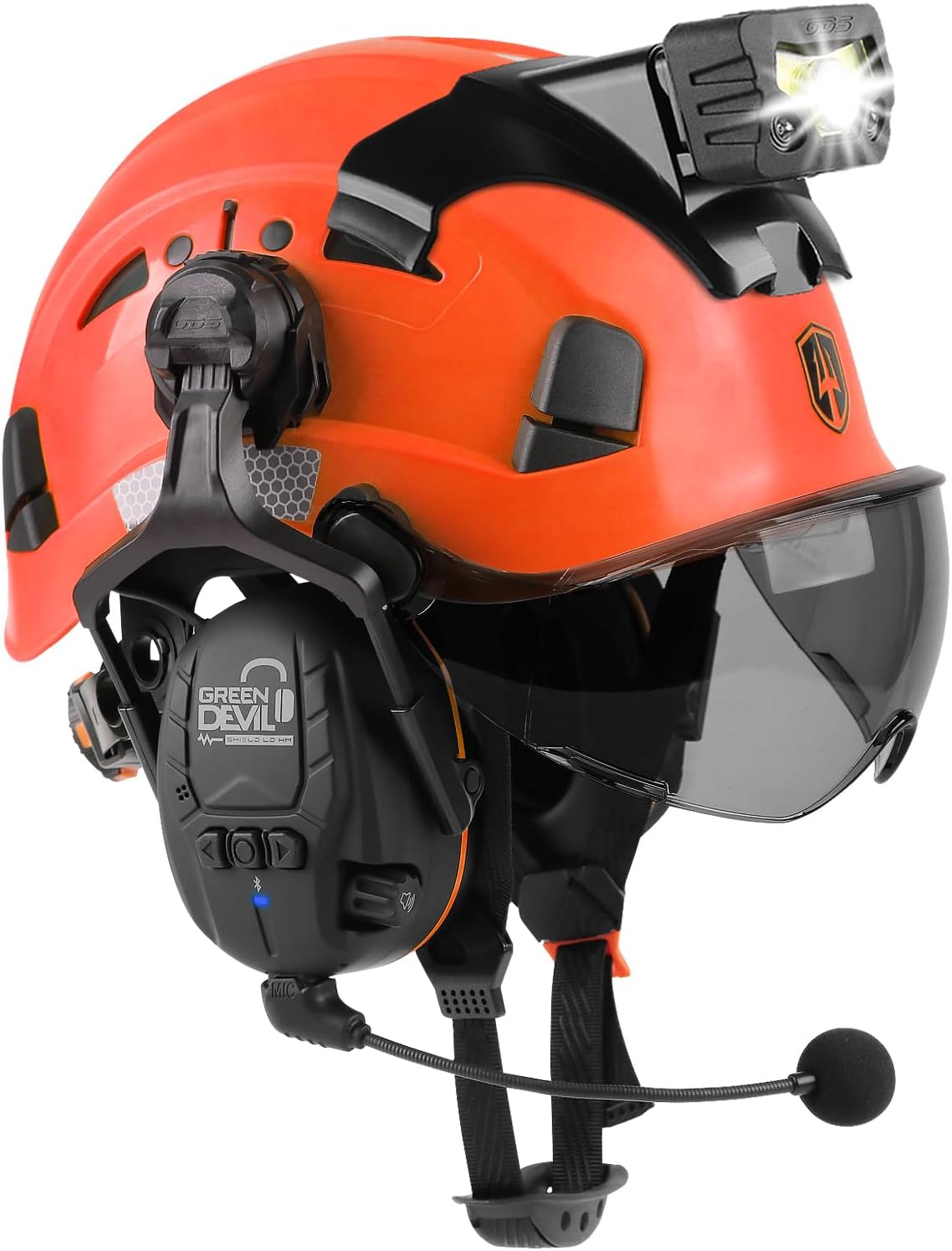 GREEN DEVIL Hard Hat Safety Helmet with Visor Bluetooth Ear Muffs and Headlamp 5 in 1 Full Protection Vented Work Hardhat ANSI Z89.1 Cascos De Construccion for Industrial Construction Forestry