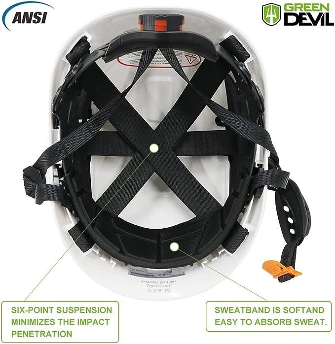 GREEN DEVIL Safety Helmet Hard Hat with Visor Chinstrap Adjustable Lightweight Vented ABS Work Helmet for Men and Women 6-Point Suspension ANSI Z89.1 Approved Ideal for Industrial & Construction White