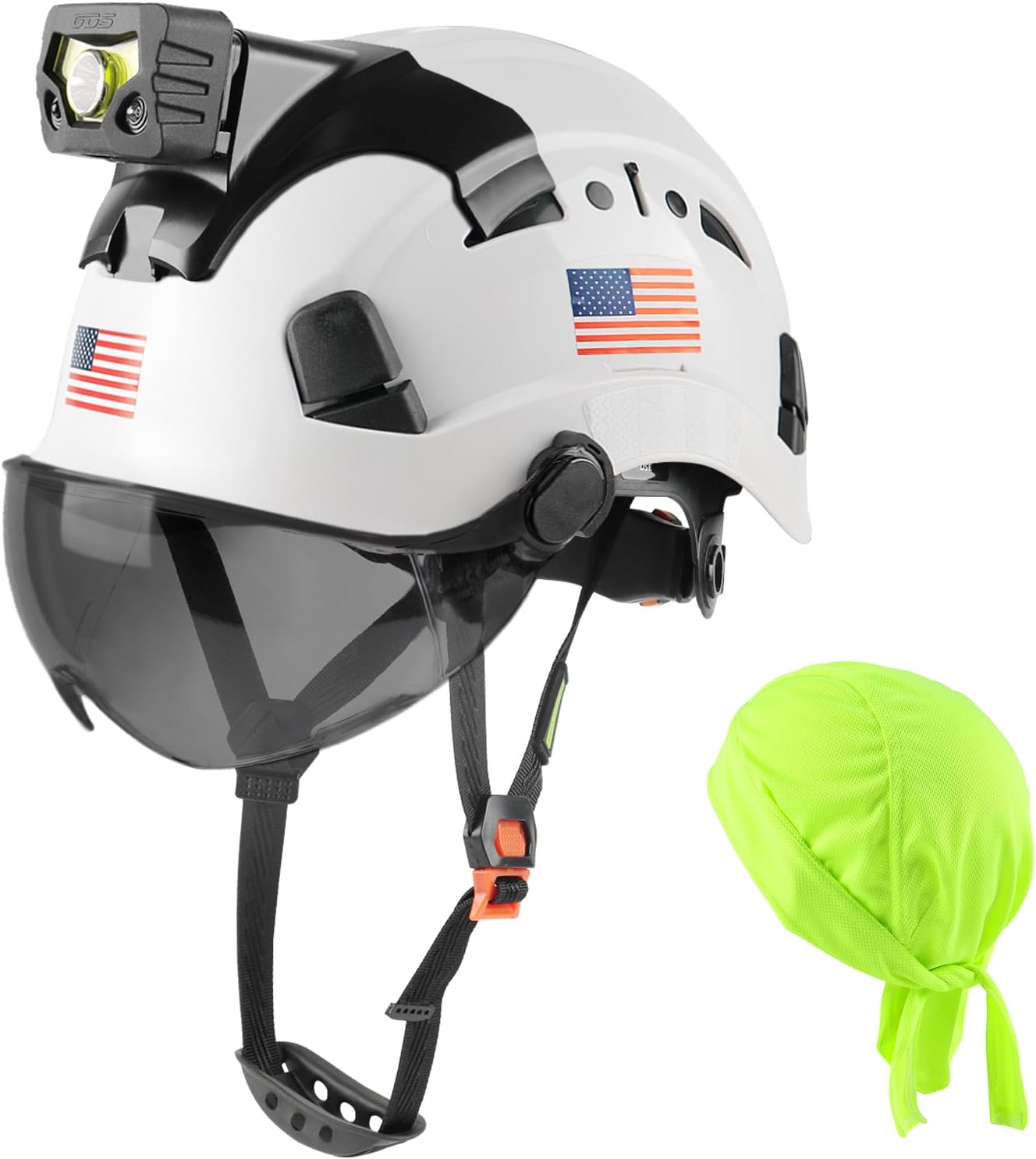 GREEN DEVIL Safety Hard Hat with Rechargeable Headlamp Light and Helmet Liner Chin Strap Men Vented Work Hardhats ANSI Z89.1 Approved Cascos de Construccion Ideal for Industrial Construction Forestry