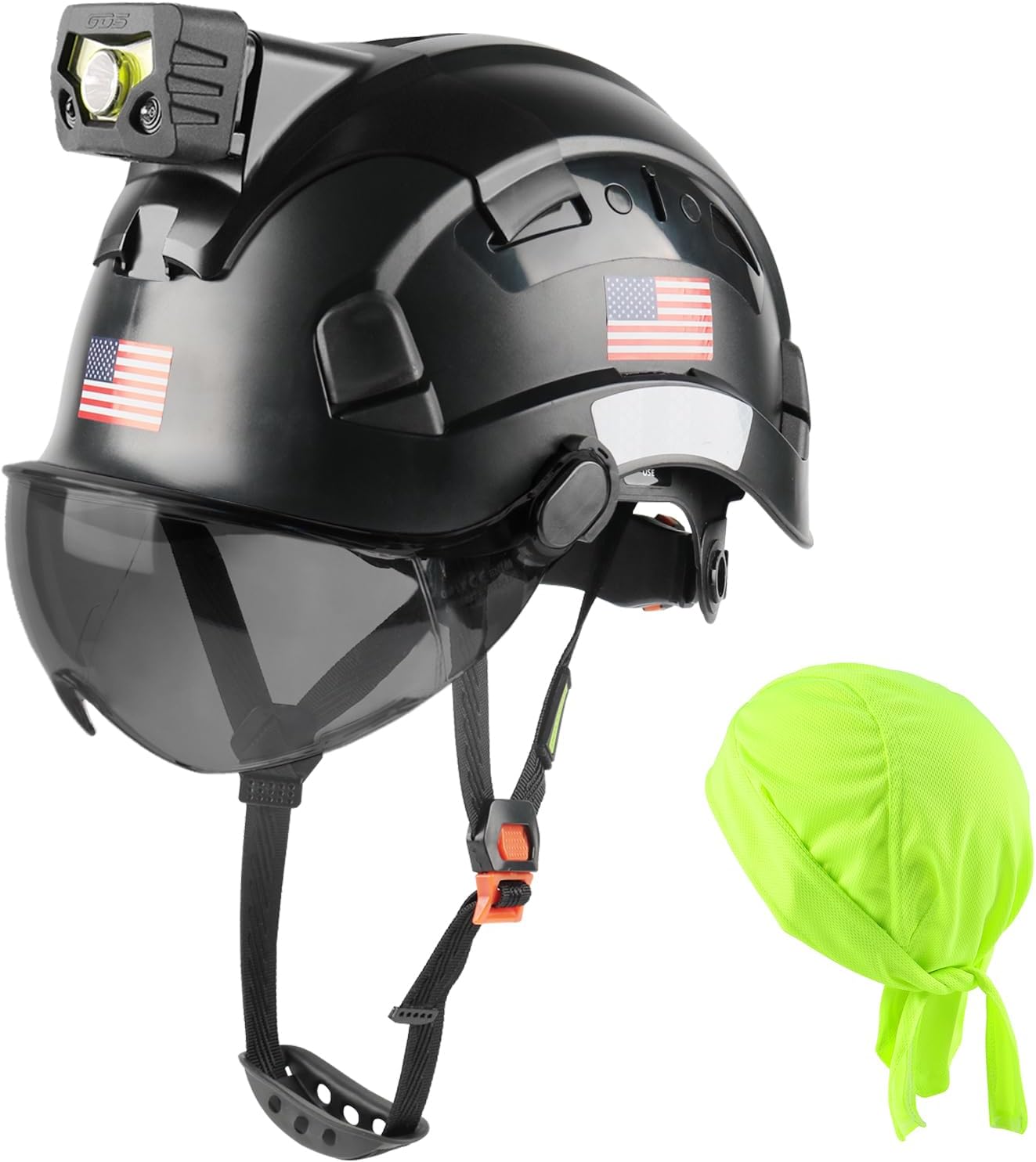 GREEN DEVIL Safety Hard Hat with Rechargeable Headlamp Light and Helmet Liner Chin Strap Men Vented Work Hardhats ANSI Z89.1 Approved Cascos de Construccion Ideal for Industrial Construction Forestry