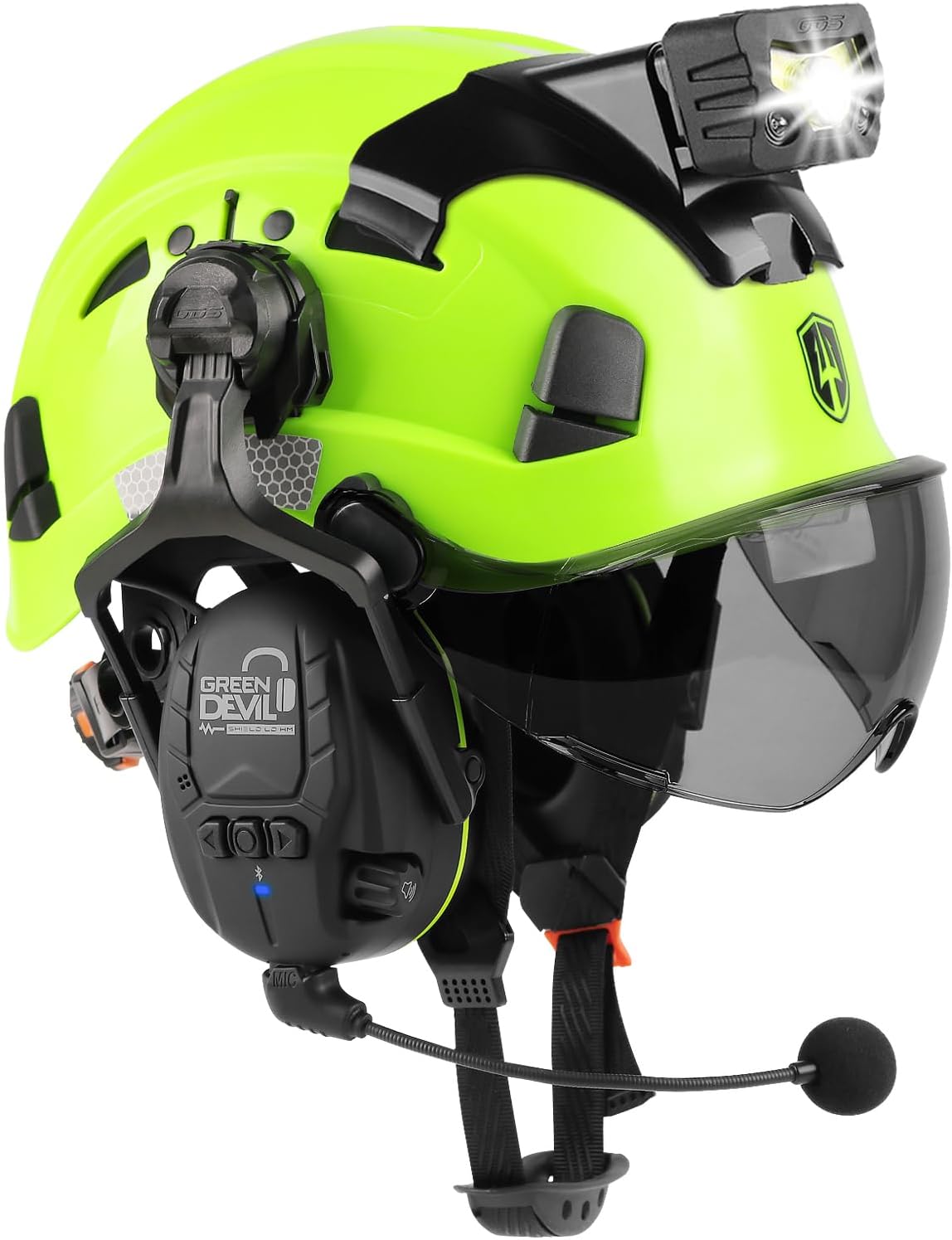 GREEN DEVIL Hard Hat Safety Helmet with Visor Bluetooth Ear Muffs and Headlamp 5 in 1 Full Protection Vented Work Hardhat ANSI Z89.1 Cascos De Construccion for Industrial Construction Forestry