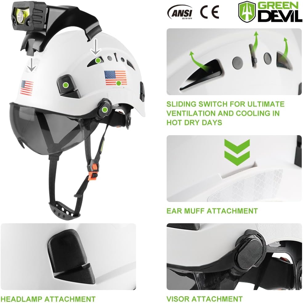 GREEN DEVIL Safety Hard Hat with Rechargeable Headlamp Light and Helmet Liner Chin Strap Men Vented Work Hardhats ANSI Z89.1 Approved Cascos de Construccion Ideal for Industrial Construction Forestry