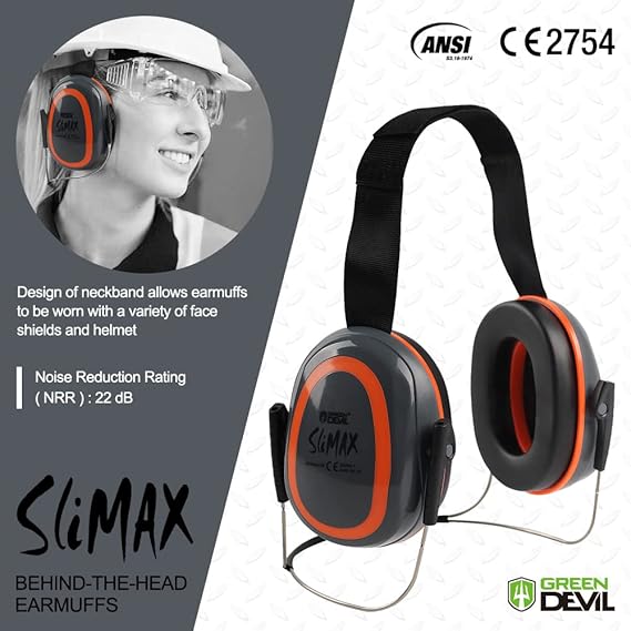 GREEN DEVIL Hearing Protection Ear Muffs SNR 27dB/NRR 22dB Noise Reduction Earmuff Head Band/Helmet Mounted/Behind The Head