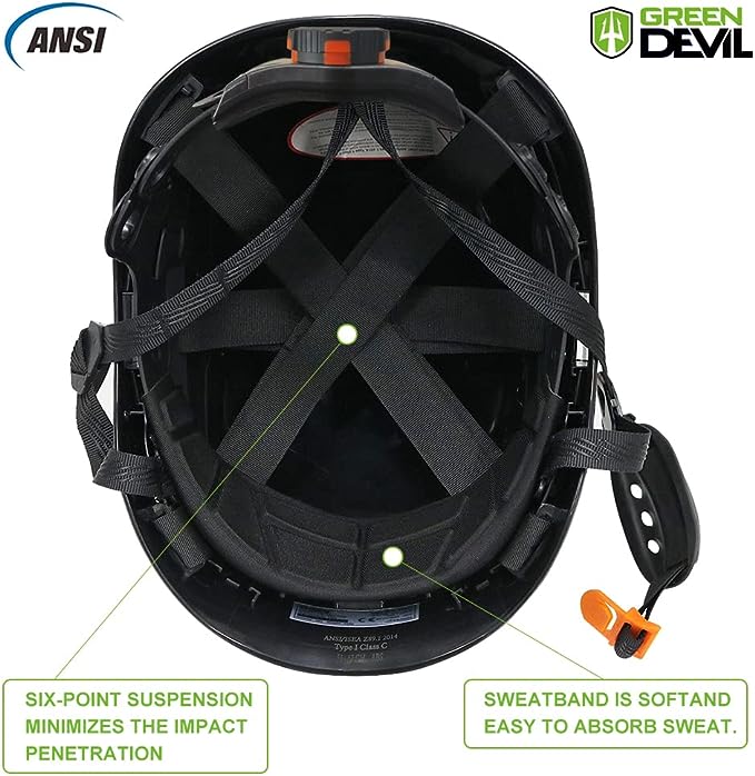 GREEN DEVIL Safety Helmet Hard Hat with Visor Chinstrap Adjustable Lightweight Vented ABS Work Helmet for Men and Women 6-Point Suspension ANSI Z89.1 Approved Ideal for Industrial & Construction Black