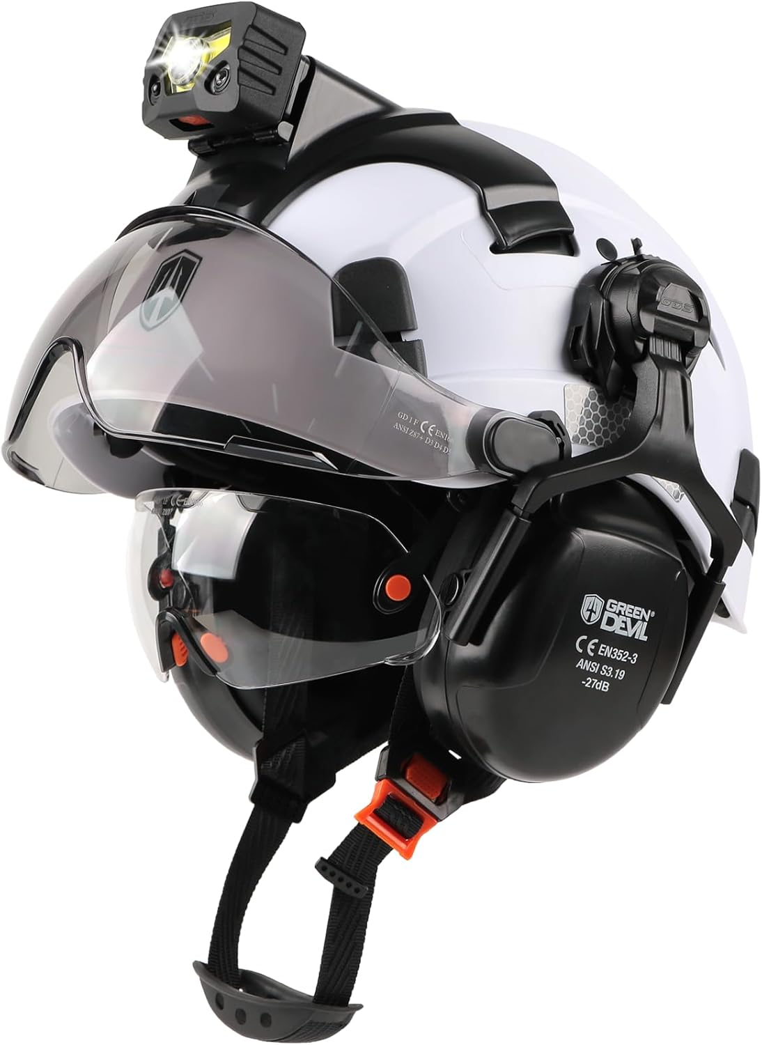 GREEN DEVIL Hard Hat Safety Helmet with Rechargeable Headlamp Light and Visor Ear Muffs Vented Work Hardhat ANSI Z89.1 Cascos De Construccion for Industrial Construction Forestry