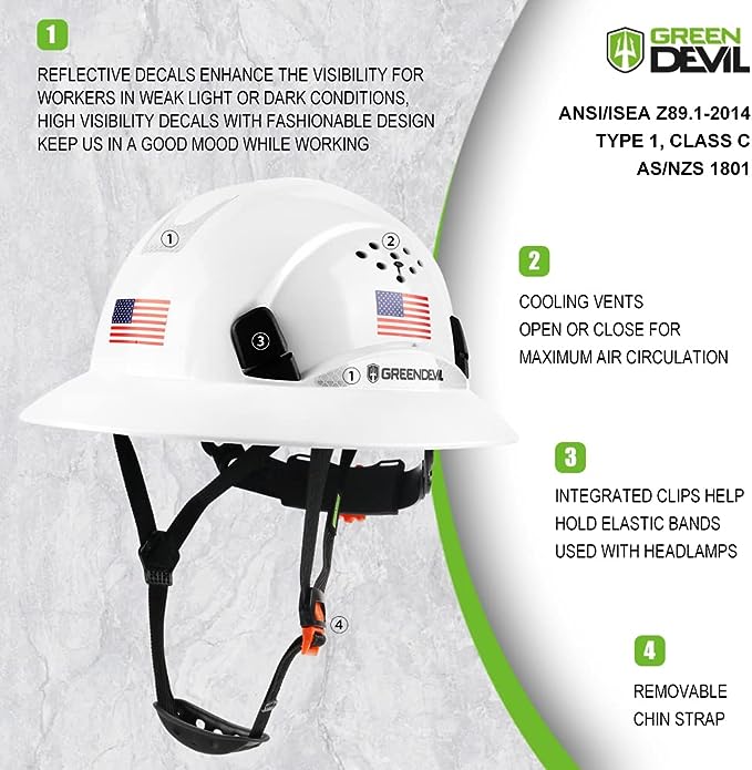Full Brim Hard Hat Vented Construction White Safety Helmet OSHA Approved Cascos De Construccion Work Hardhats with Cooling Towel for Men&Women 6 Point Adjustable Ratchet Suspension