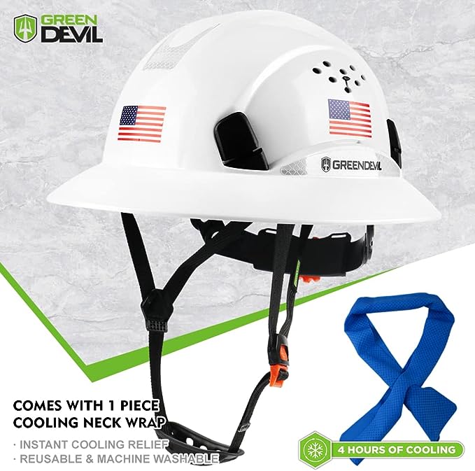 Full Brim Hard Hat Vented Construction White Safety Helmet OSHA Approved Cascos De Construccion Work Hardhats with Cooling Towel for Men&Women 6 Point Adjustable Ratchet Suspension