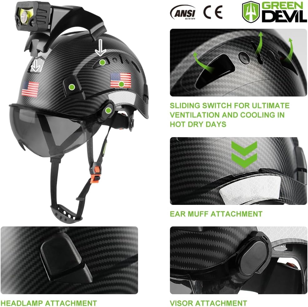 GREEN DEVIL Safety Hard Hat with Rechargeable Headlamp Light and Helmet Liner Chin Strap Men Vented Work Hardhats ANSI Z89.1 Approved Cascos de Construccion Ideal for Industrial Construction Forestry
