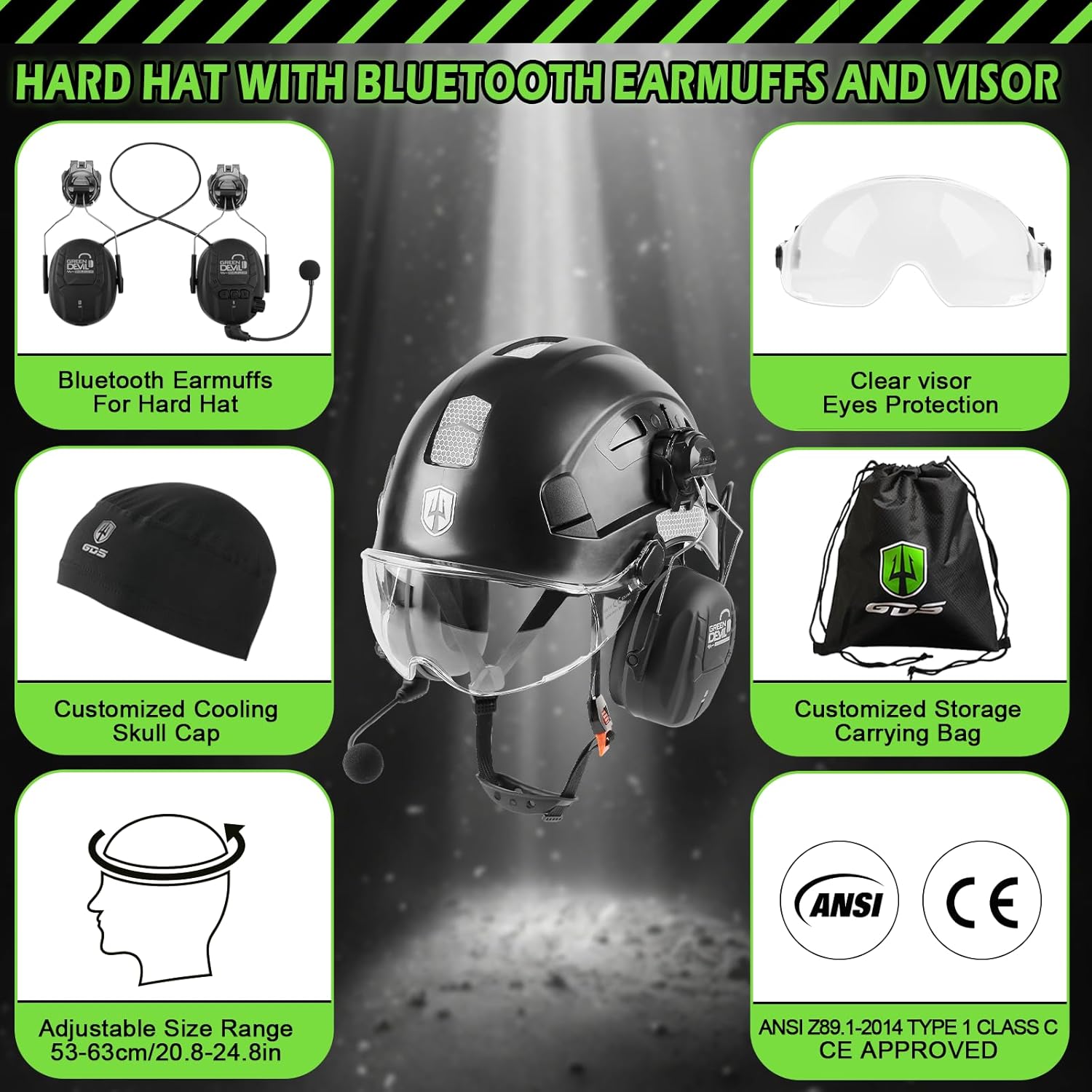 GREEN DEVIL Safety Helmet Hard Hat with Visor and Bluettoth Ear Muffs Vented Work Helmet for Men and Women ANSI Z89.1 Approved Hardhat Ideal for Industrial & Construction
