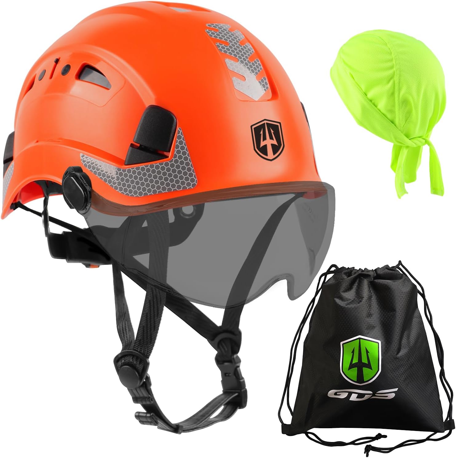 GREEN DEVIL Safety Helmet Hard Hat with visor and Chin Strap Vented Lightweight Adjustable Hardhat for Men Women with Hi-Viz Design Ideal for Tree Climbing Work at Height