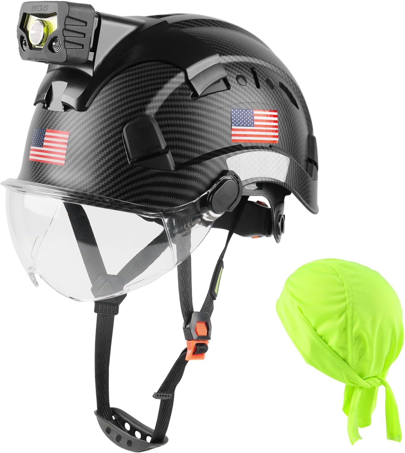 GREEN DEVIL Safety Hard Hat with Rechargeable Headlamp Light and Helmet Liner Chin Strap Men Vented Work Hardhats ANSI Z89.1 Approved Cascos de Construccion Ideal for Industrial Construction Forestry