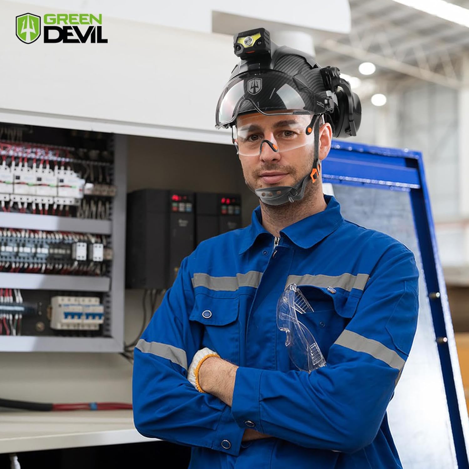 GREEN DEVIL Hard Hat Safety Helmet with Rechargeable Headlamp Light and Visor Ear Muffs Vented Work Hardhat ANSI Z89.1 Cascos De Construccion for Industrial Construction Forestry