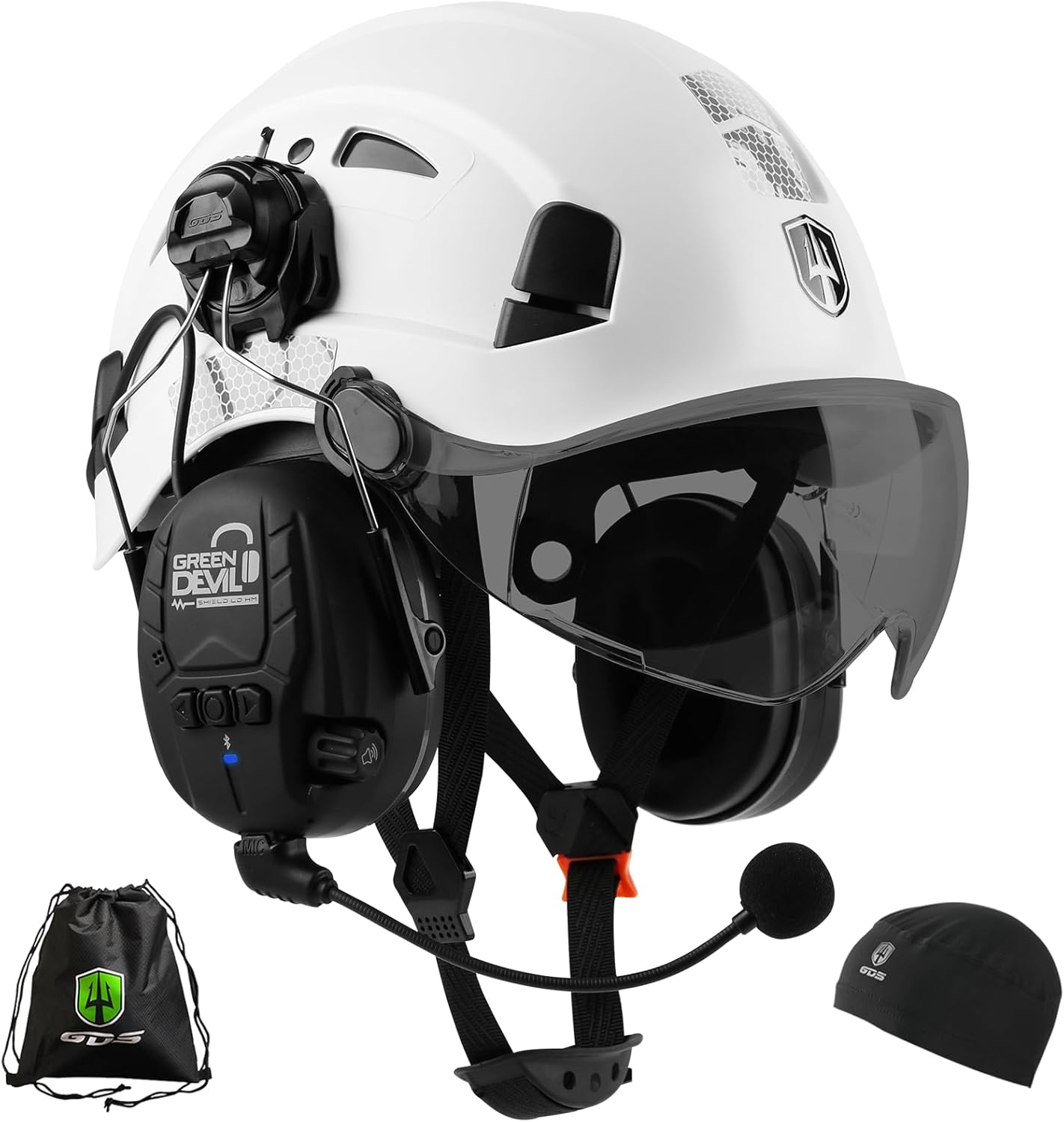 GREEN DEVIL Safety Helmet Hard Hat with Visor and Bluettoth Ear Muffs Vented Work Helmet for Men and Women ANSI Z89.1 Approved Hardhat Ideal for Industrial & Construction