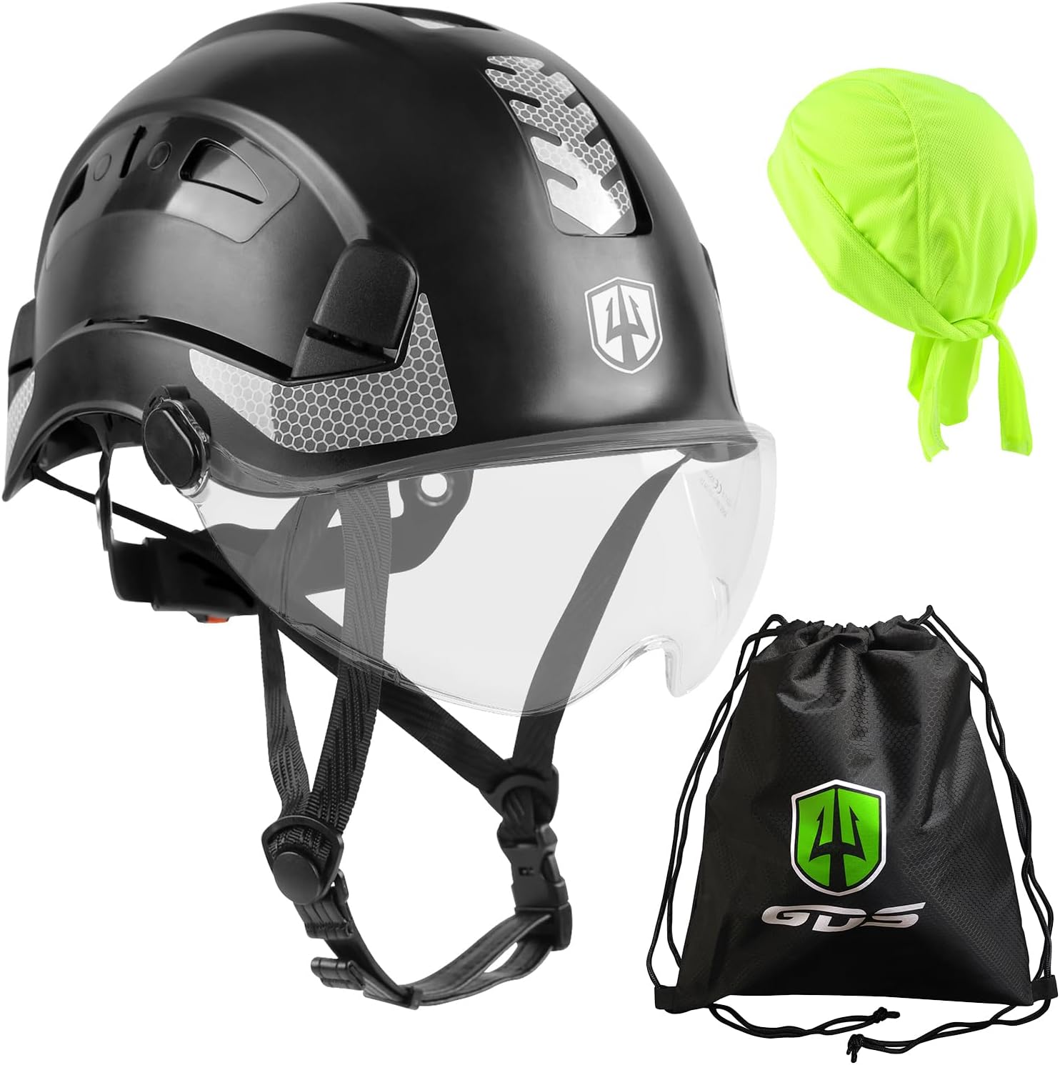 GREEN DEVIL Safety Helmet Hard Hat with visor and Chin Strap Vented Lightweight Adjustable Hardhat for Men Women with Hi-Viz Design Ideal for Tree Climbing Work at Height