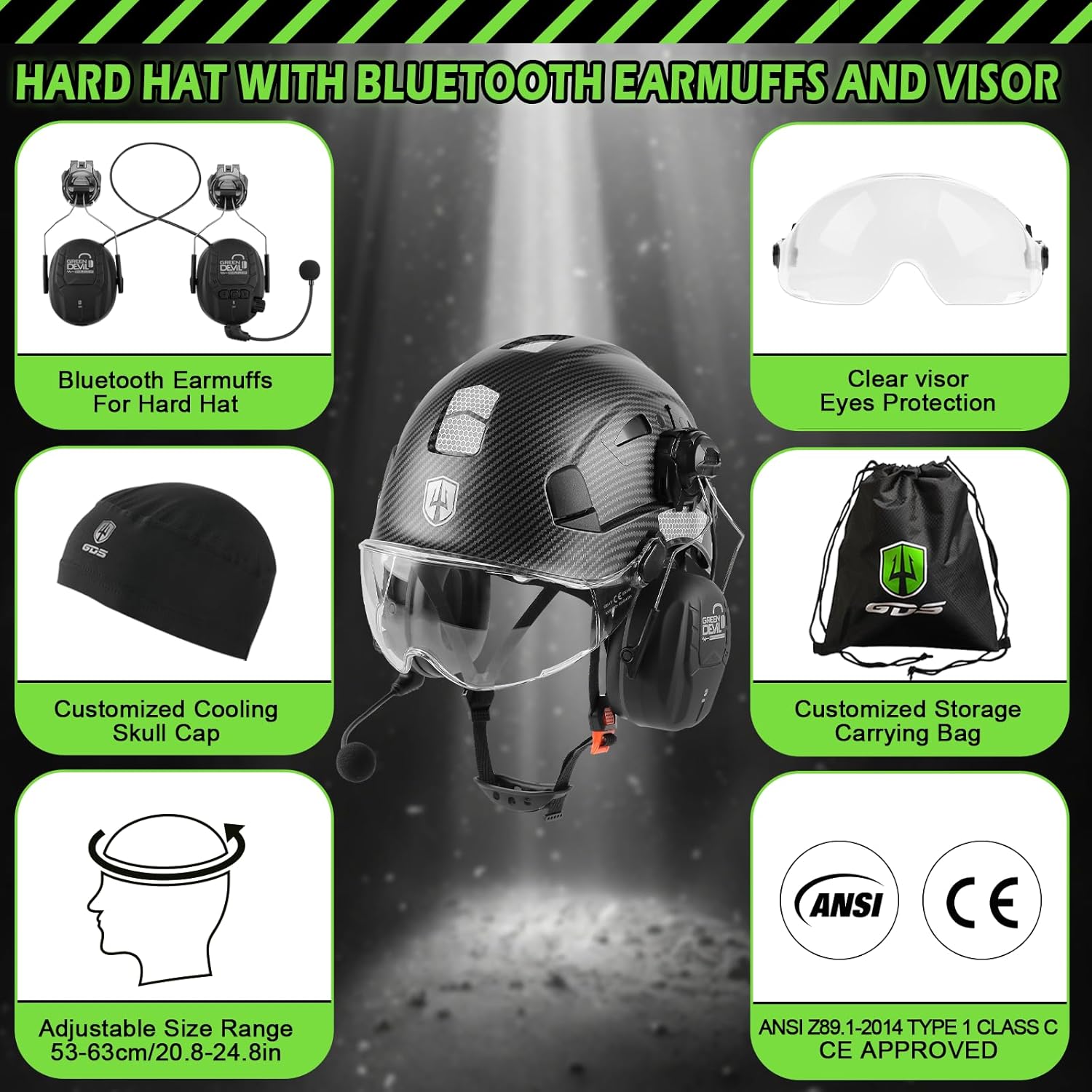 GREEN DEVIL Safety Helmet Hard Hat with Visor and Bluettoth Ear Muffs Vented Work Helmet for Men and Women ANSI Z89.1 Approved Hardhat Ideal for Industrial & Construction
