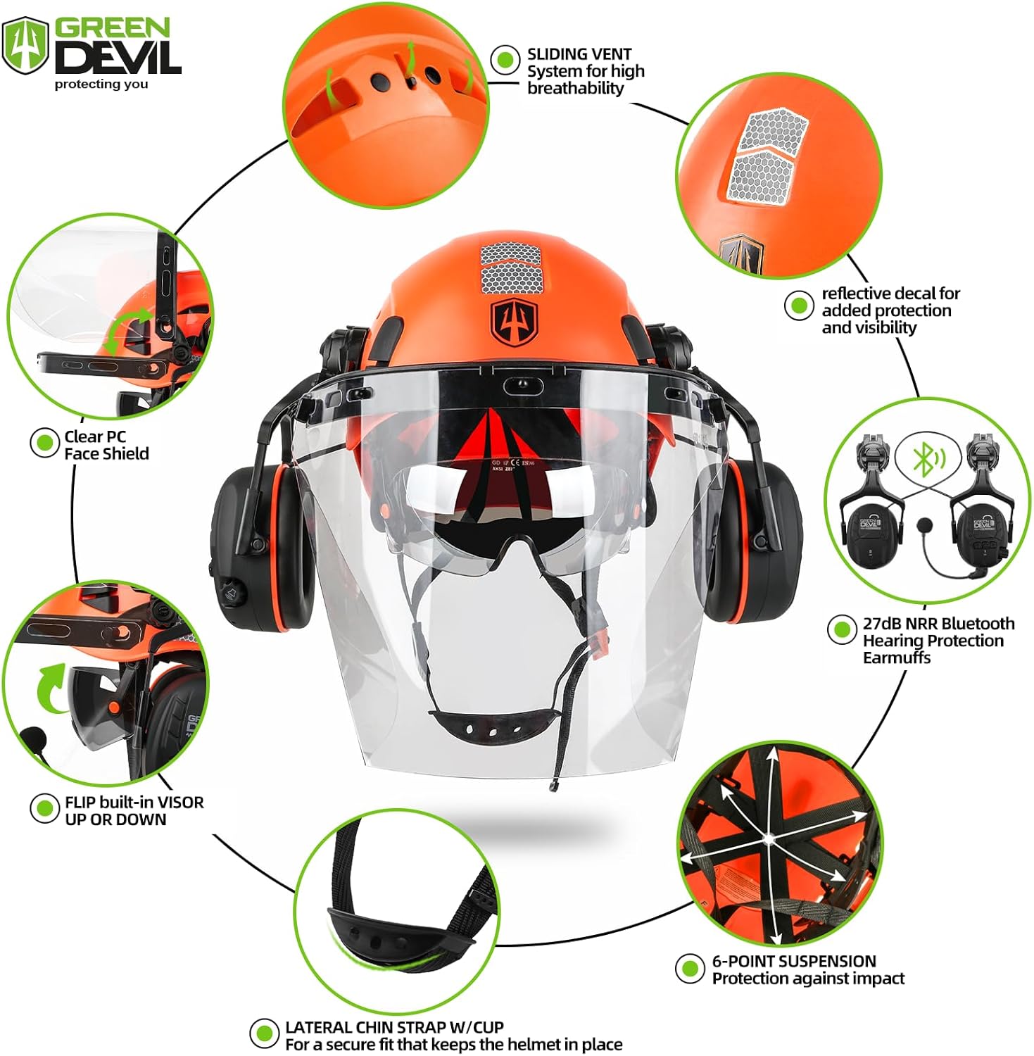 GREEN DEVIL Forestry Chainsaw Safety Helmet with Bluetooth Ear Muffs Arborist Helmet Hard Hat with Built-in Visor Face Shield 5 in 1 System Logging Garden Work Hardhats for Men Women