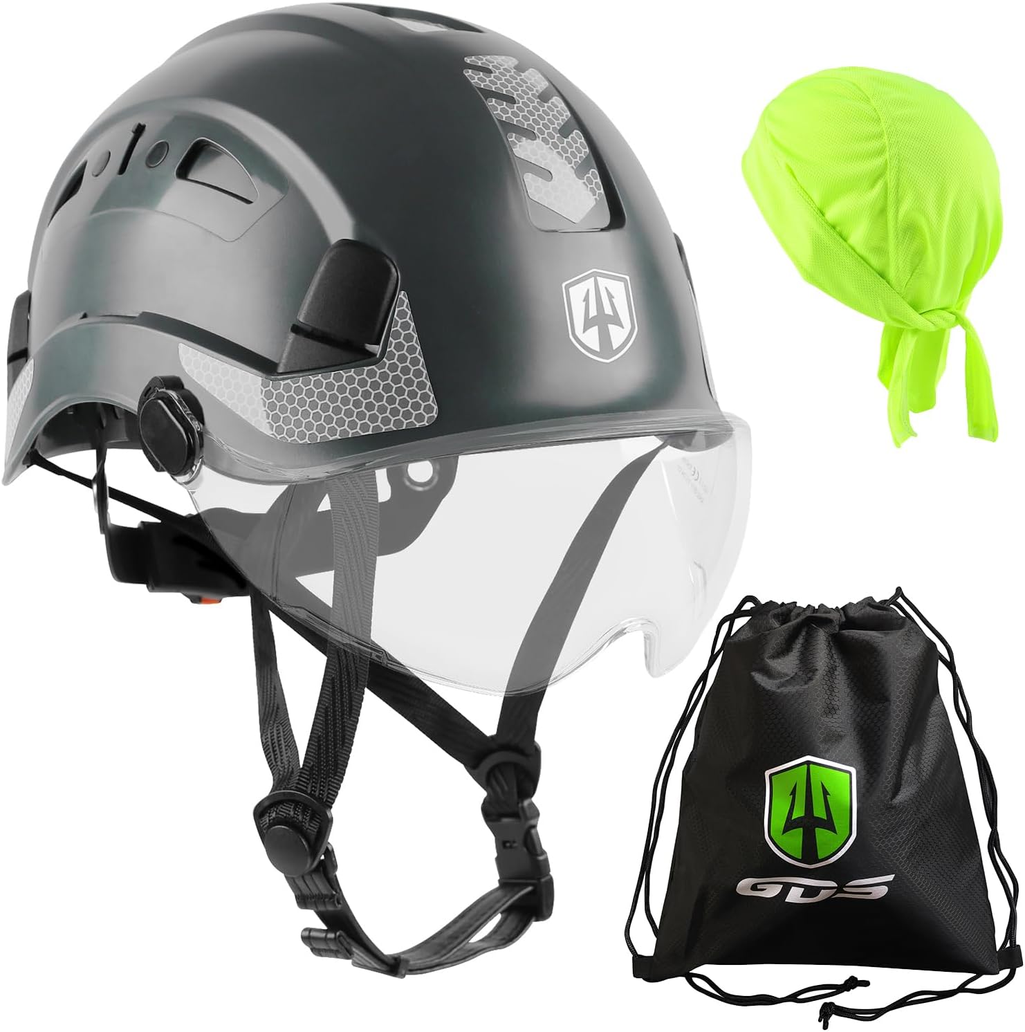 GREEN DEVIL Safety Helmet Hard Hat with visor and Chin Strap Vented Lightweight Adjustable Hardhat for Men Women with Hi-Viz Design Ideal for Tree Climbing Work at Height