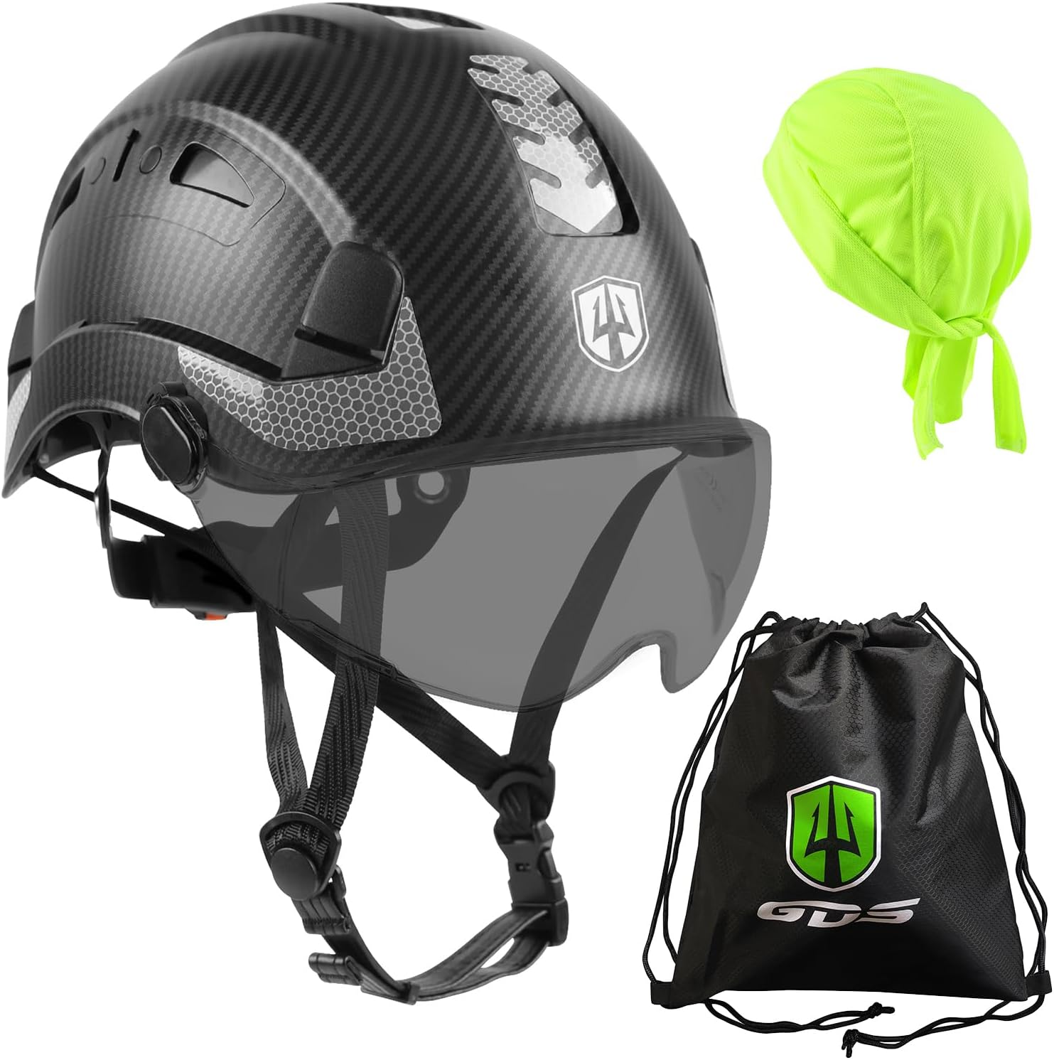 GREEN DEVIL Safety Helmet Hard Hat with visor and Chin Strap Vented Lightweight Adjustable Hardhat for Men Women with Hi-Viz Design Ideal for Tree Climbing Work at Height