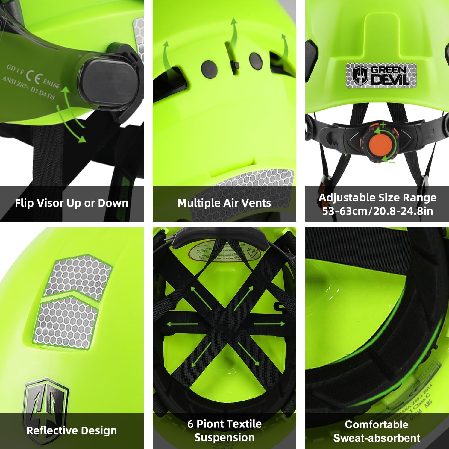 GREEN DEVIL Hard Hat Safety Helmet with Visor Bluetooth Ear Muffs and Headlamp 5 in 1 Full Protection Vented Work Hardhat ANSI Z89.1 Cascos De Construccion for Industrial Construction Forestry