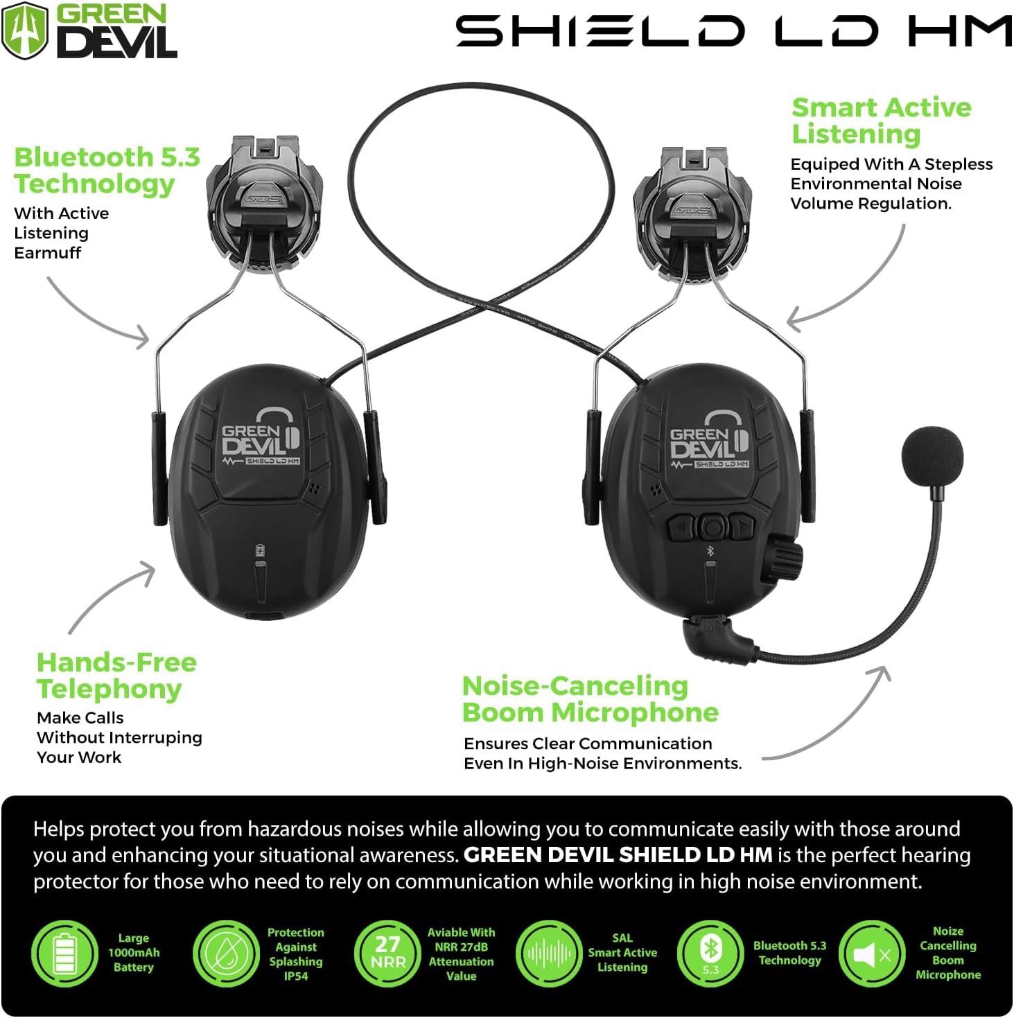 GREEN DEVIL Safety Helmet Hard Hat with Visor and Bluettoth Ear Muffs Vented Work Helmet for Men and Women ANSI Z89.1 Approved Hardhat Ideal for Industrial & Construction