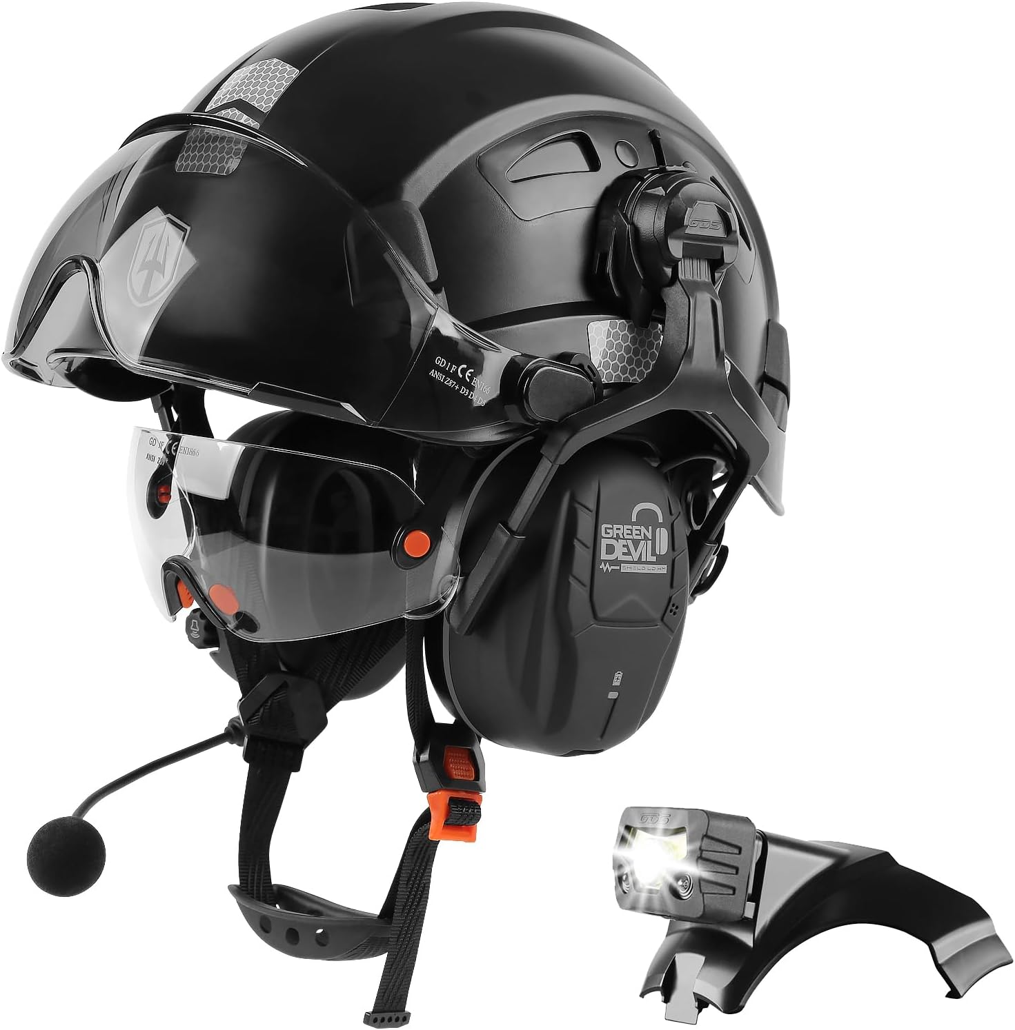 GREEN DEVIL Hard Hat Safety Helmet with Visor Bluetooth Ear Muffs and Headlamp 5 in 1 Full Protection Vented Work Hardhat ANSI Z89.1 Cascos De Construccion for Industrial Construction Forestry