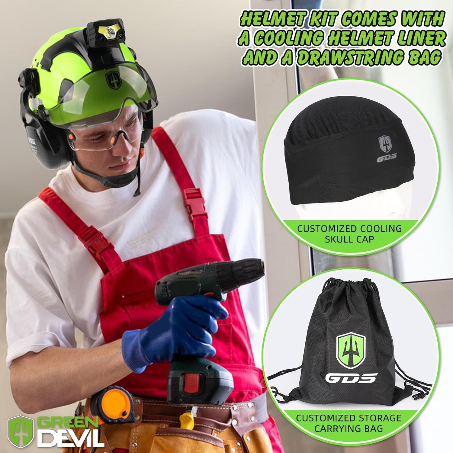 GREEN DEVIL Hard Hat Safety Helmet with Rechargeable Headlamp Light and Visor Ear Muffs Vented Work Hardhat ANSI Z89.1 Cascos De Construccion for Industrial Construction Forestry