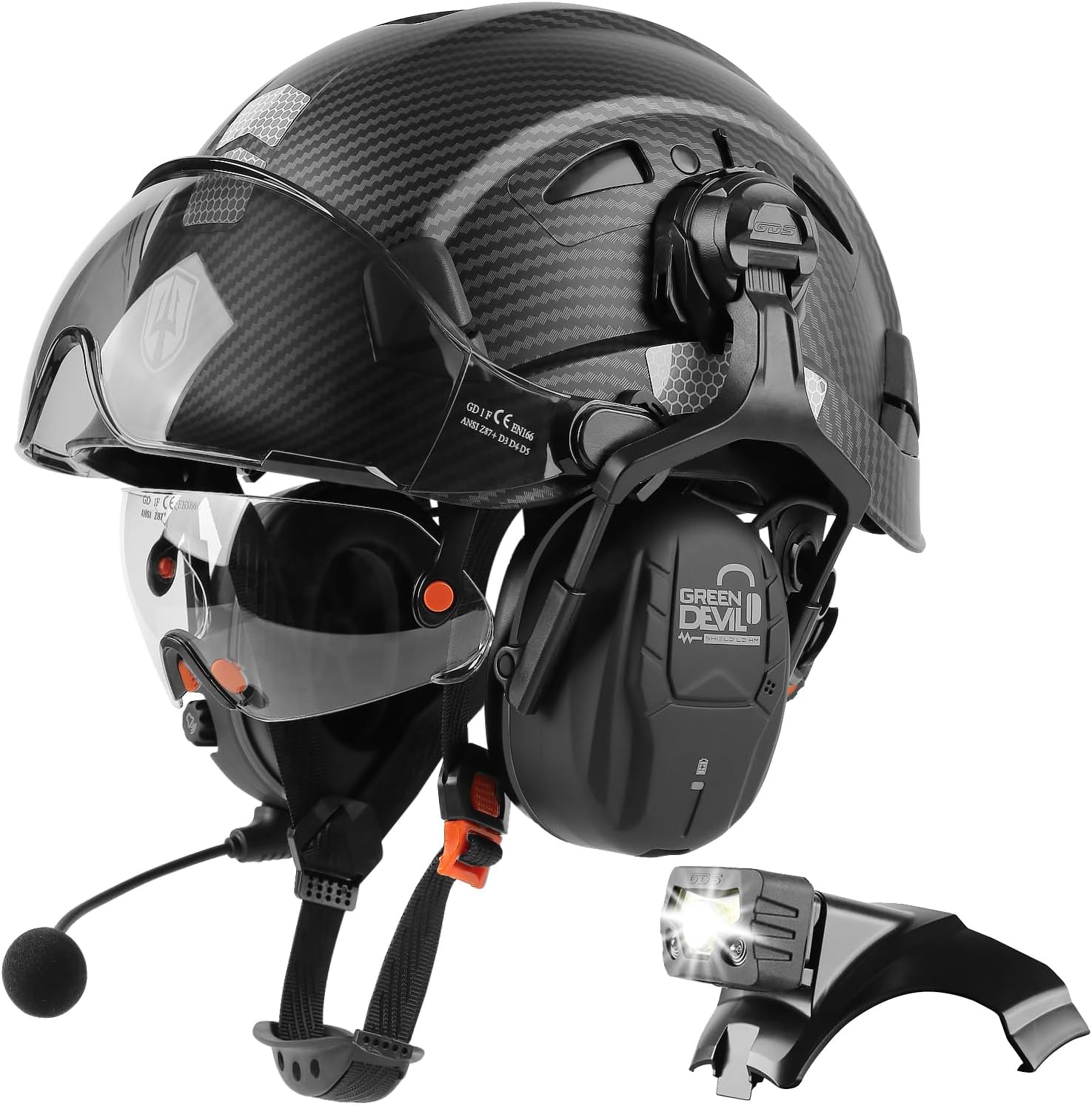 ear protection for motorcycle helmet GREEN DEVIL Hard Hat Safety Helmet with Visor Bluetooth Ear Muffs and Headlamp 5 in 1 Full Protection Vented Work Hardhat ANSI Z89.1 Cascos De
