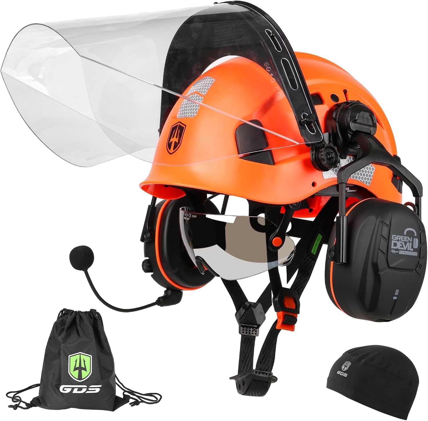 GREEN DEVIL Forestry Chainsaw Safety Helmet with Bluetooth Ear Muffs Arborist Helmet Hard Hat with Built-in Visor Face Shield 5 in 1 System Logging Garden Work Hardhats for Men Women