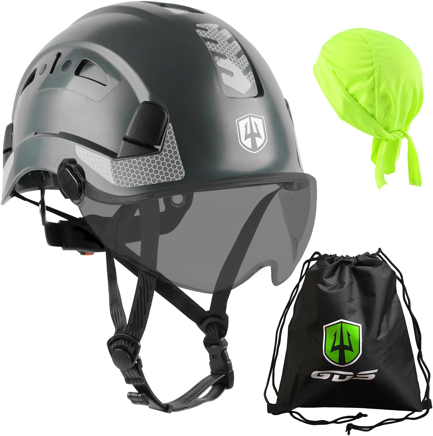 GREEN DEVIL Safety Helmet Hard Hat with visor and Chin Strap Vented Lightweight Adjustable Hardhat for Men Women with Hi-Viz Design Ideal for Tree Climbing Work at Height