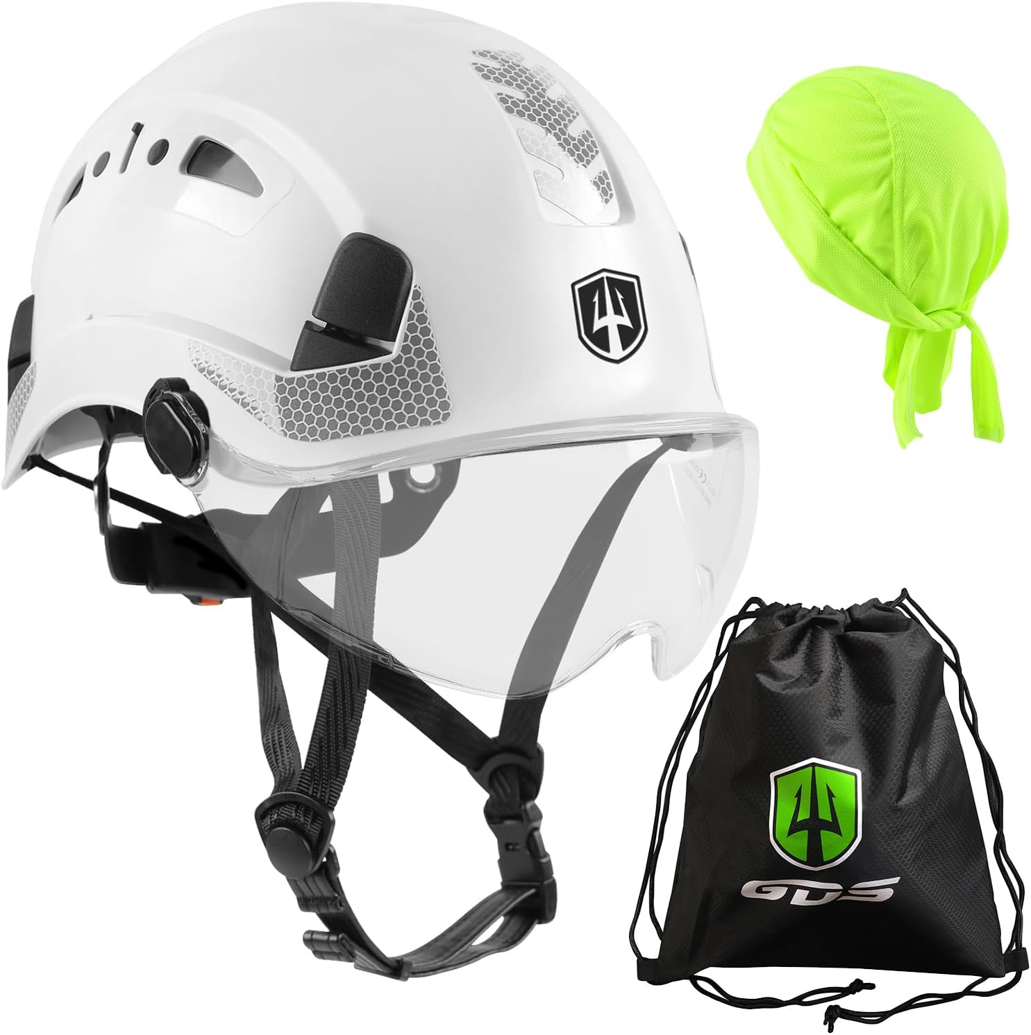 GREEN DEVIL Safety Helmet Hard Hat with visor and Chin Strap Vented Lightweight Adjustable Hardhat for Men Women with Hi-Viz Design Ideal for Tree Climbing Work at Height