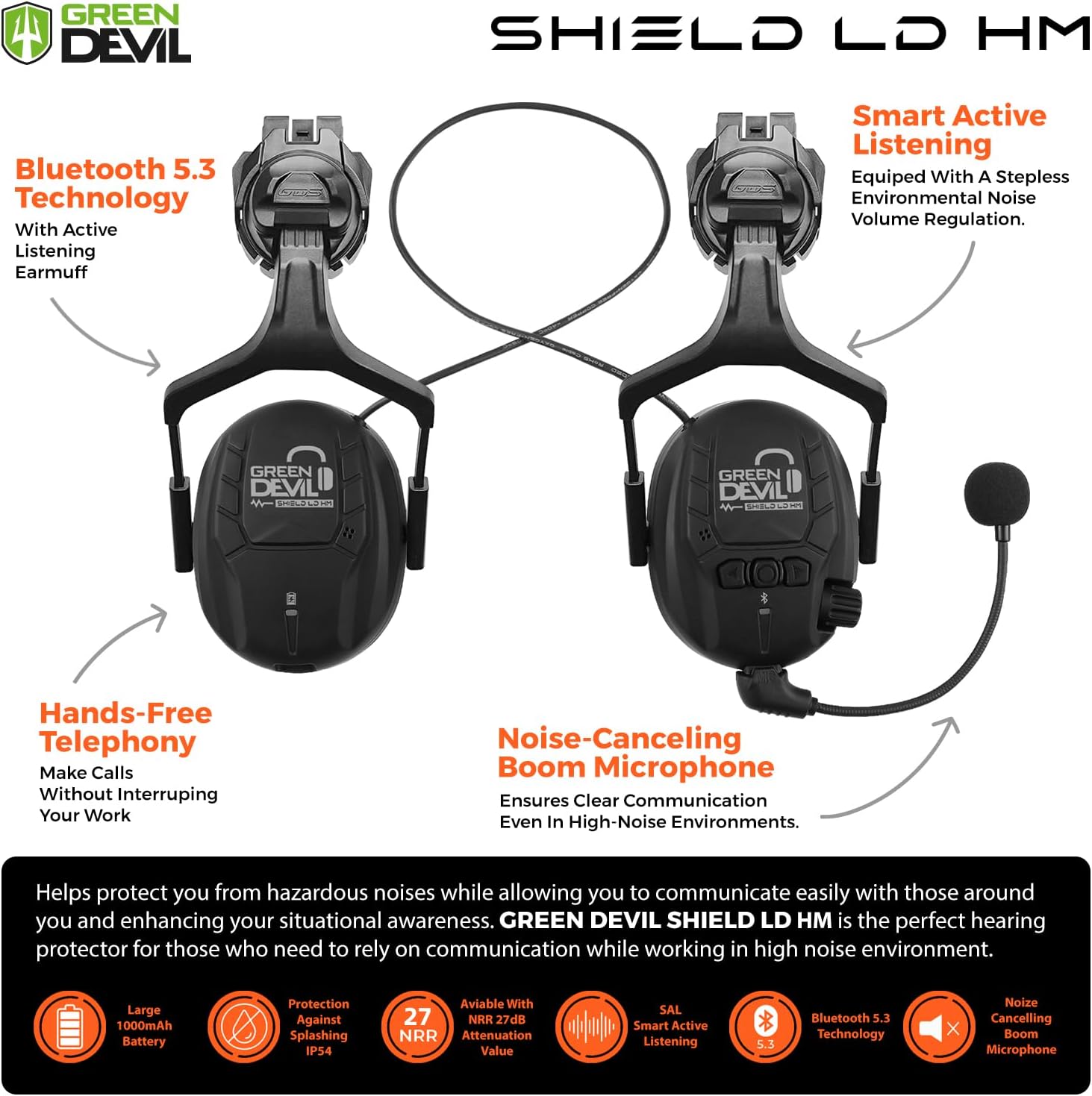 GREEN DEVIL Hard Hat Safety Helmet with Visor Bluetooth Ear Muffs and Headlamp 5 in 1 Full Protection Vented Work Hardhat ANSI Z89.1 Cascos De Construccion for Industrial Construction Forestry