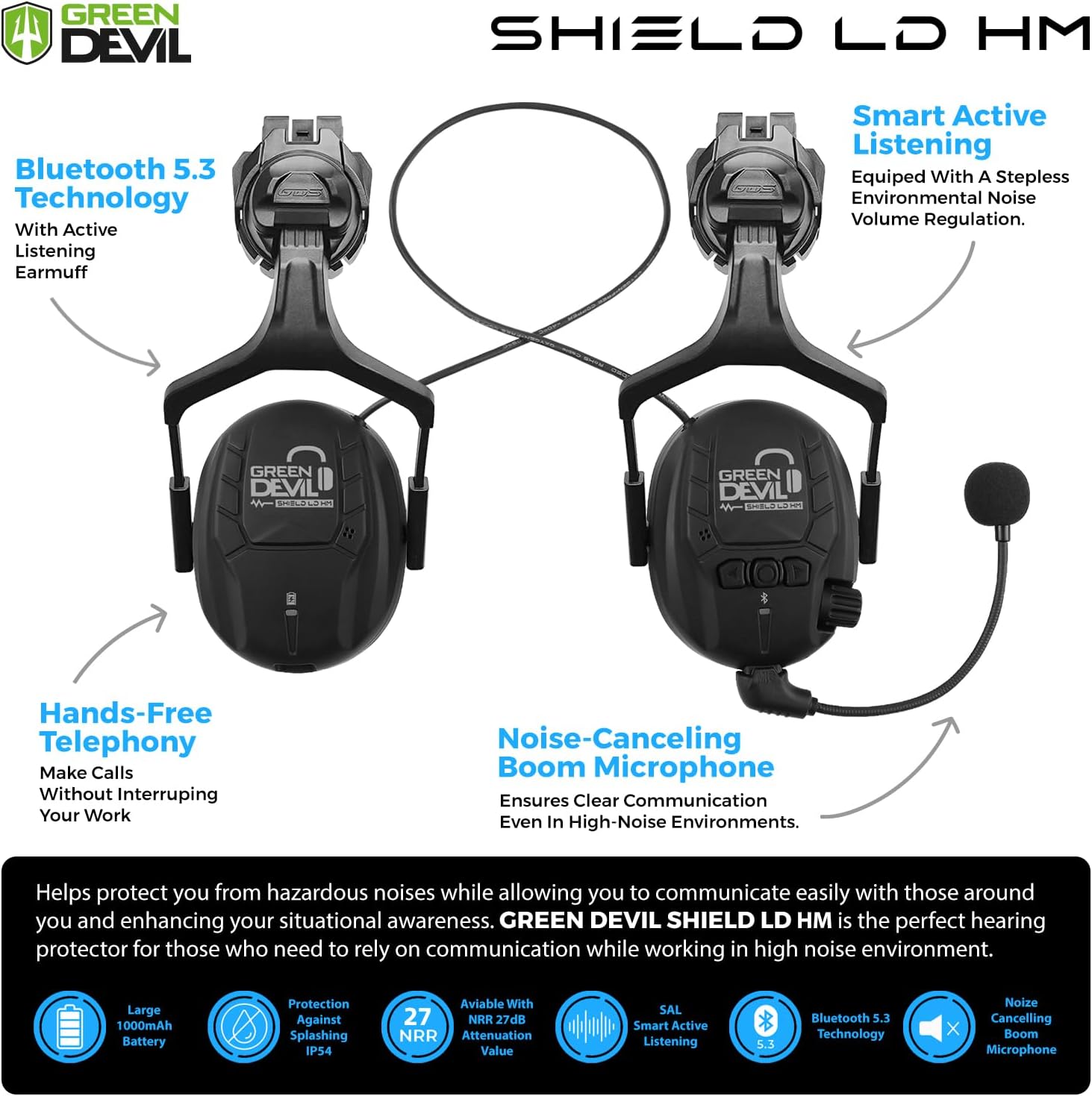 GREEN DEVIL Hard Hat Safety Helmet with Visor and Bluetooth Ear Muffs Full Protection Vented Work Hardhat ANSI Z89.1 Cascos De Construccion for Industrial Construction Forestry