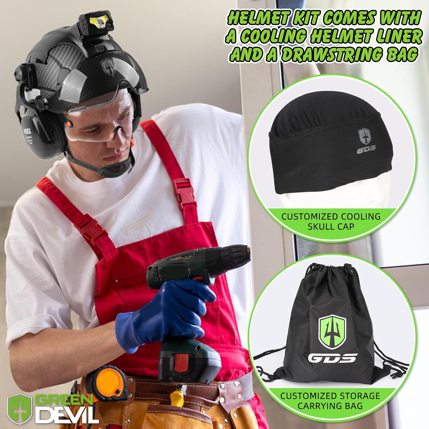 GREEN DEVIL Hard Hat Safety Helmet with Rechargeable Headlamp Light and Visor Ear Muffs Vented Work Hardhat ANSI Z89.1 Cascos De Construccion for Industrial Construction Forestry