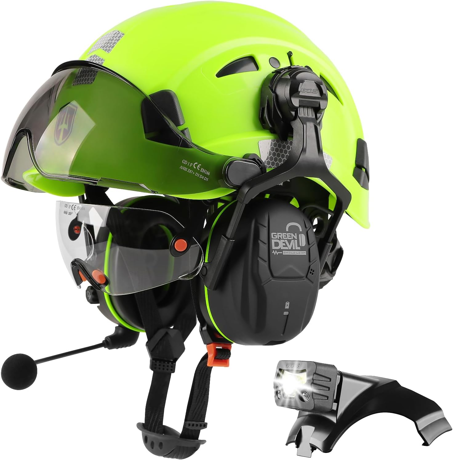 GREEN DEVIL Hard Hat Safety Helmet with Visor Bluetooth Ear Muffs and Headlamp 5 in 1 Full Protection Vented Work Hardhat ANSI Z89.1 Cascos De Construccion for Industrial Construction Forestry