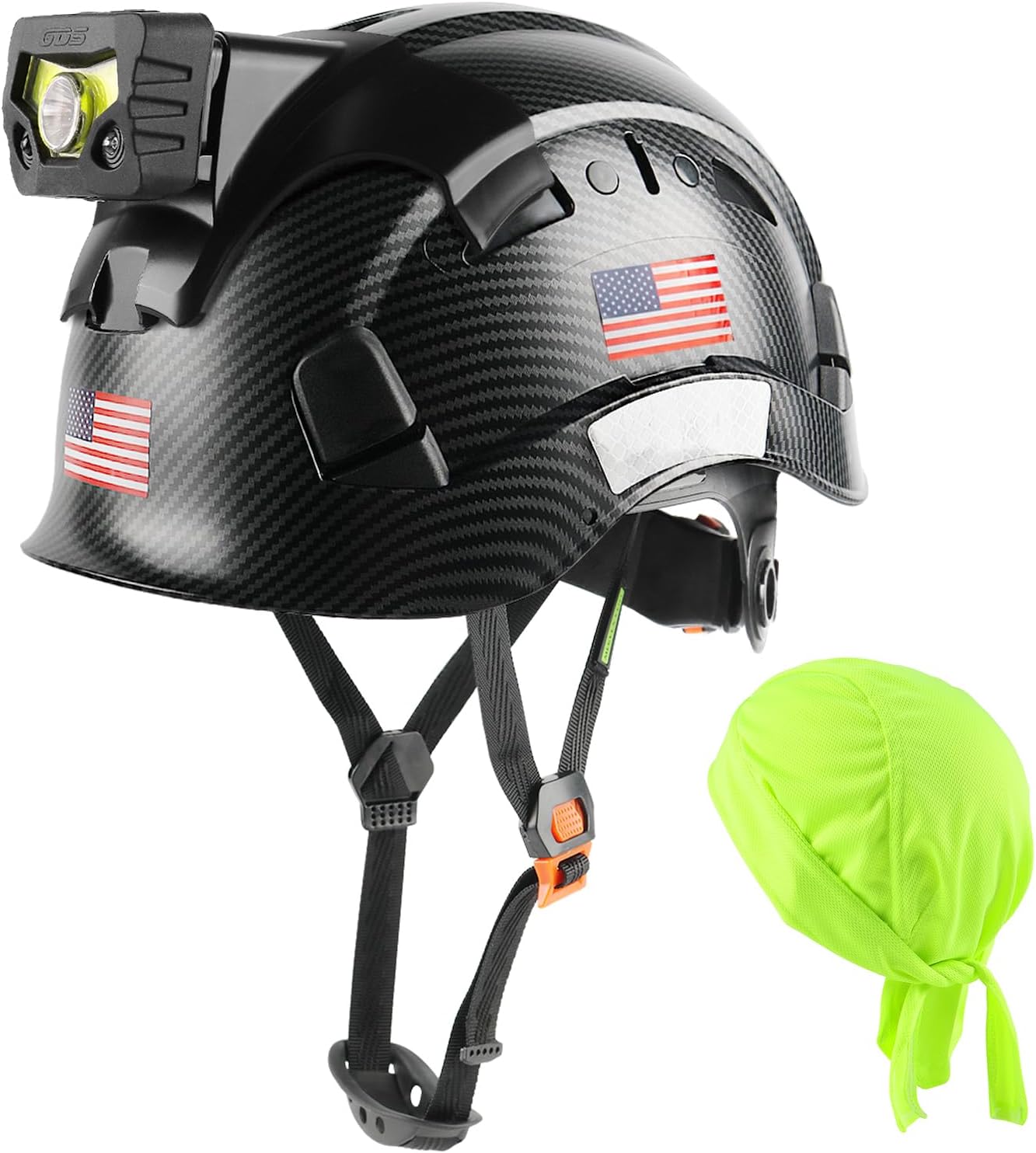 GREEN DEVIL Safety Hard Hat with Rechargeable Headlamp Light and Helmet Liner Chin Strap Men Vented Work Hardhats ANSI Z89.1 Approved Cascos de Construccion Ideal for Industrial Construction Forestry