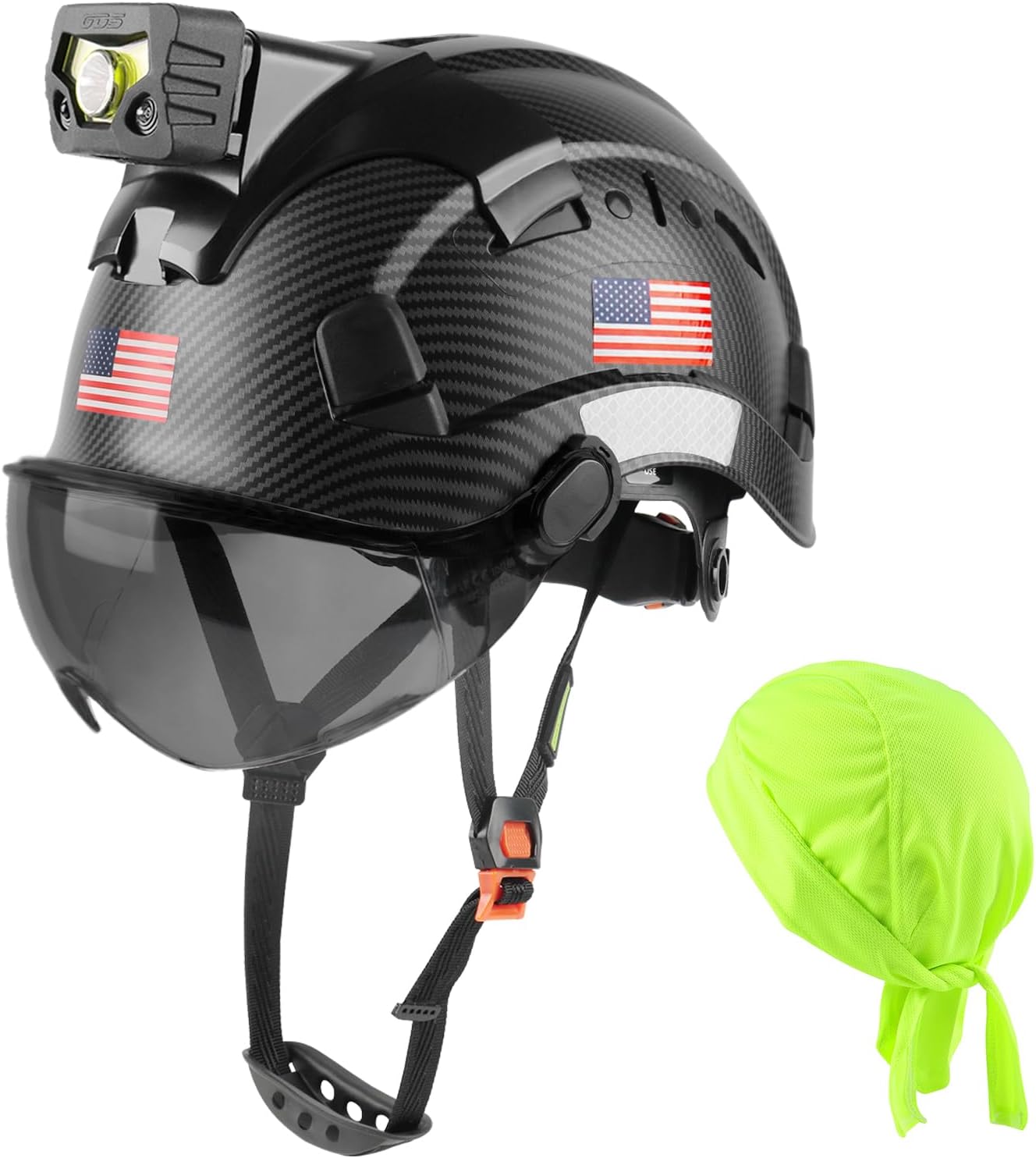 GREEN DEVIL Safety Hard Hat with Rechargeable Headlamp Light and Helmet Liner Chin Strap Men Vented Work Hardhats ANSI Z89.1 Approved Cascos de Construccion Ideal for Industrial Construction Forestry